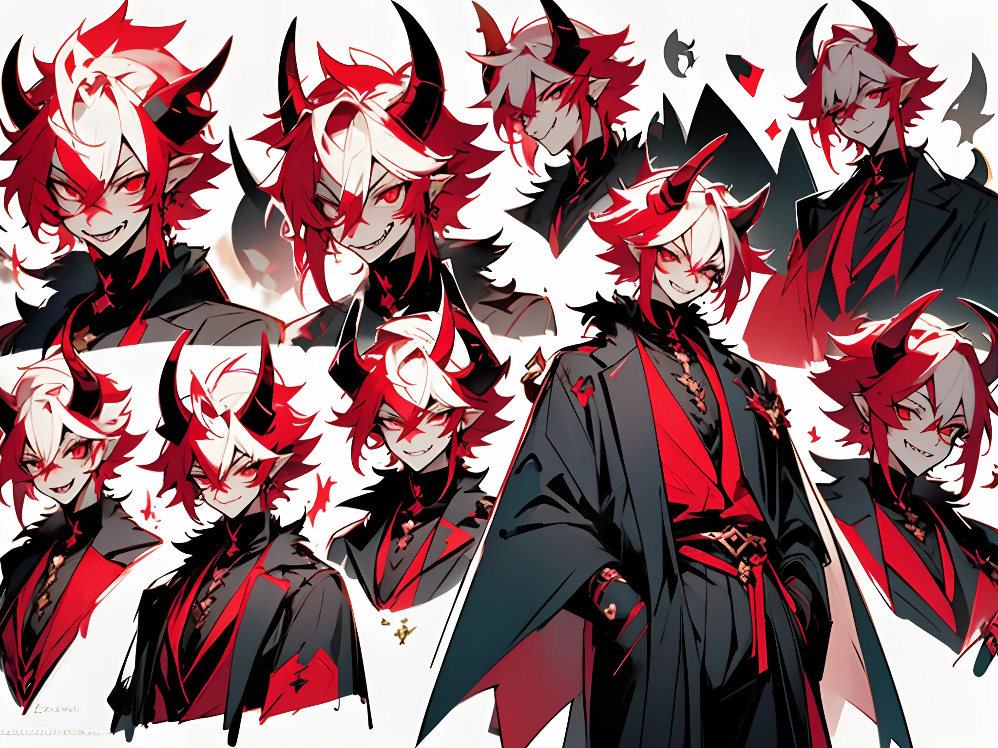 （Male characters:1.2),(furry boy:1.2), ((Character design)),(Different expressions for the same character:0.8),Pubic area is clear,hyper HD, Exquisite,A masterpice，red color eyes，Pupil of the slit, Dragon Eyes,Evil smile, fang out, poison fangs, Devil Eyes, Evil, Crazy smile, horns