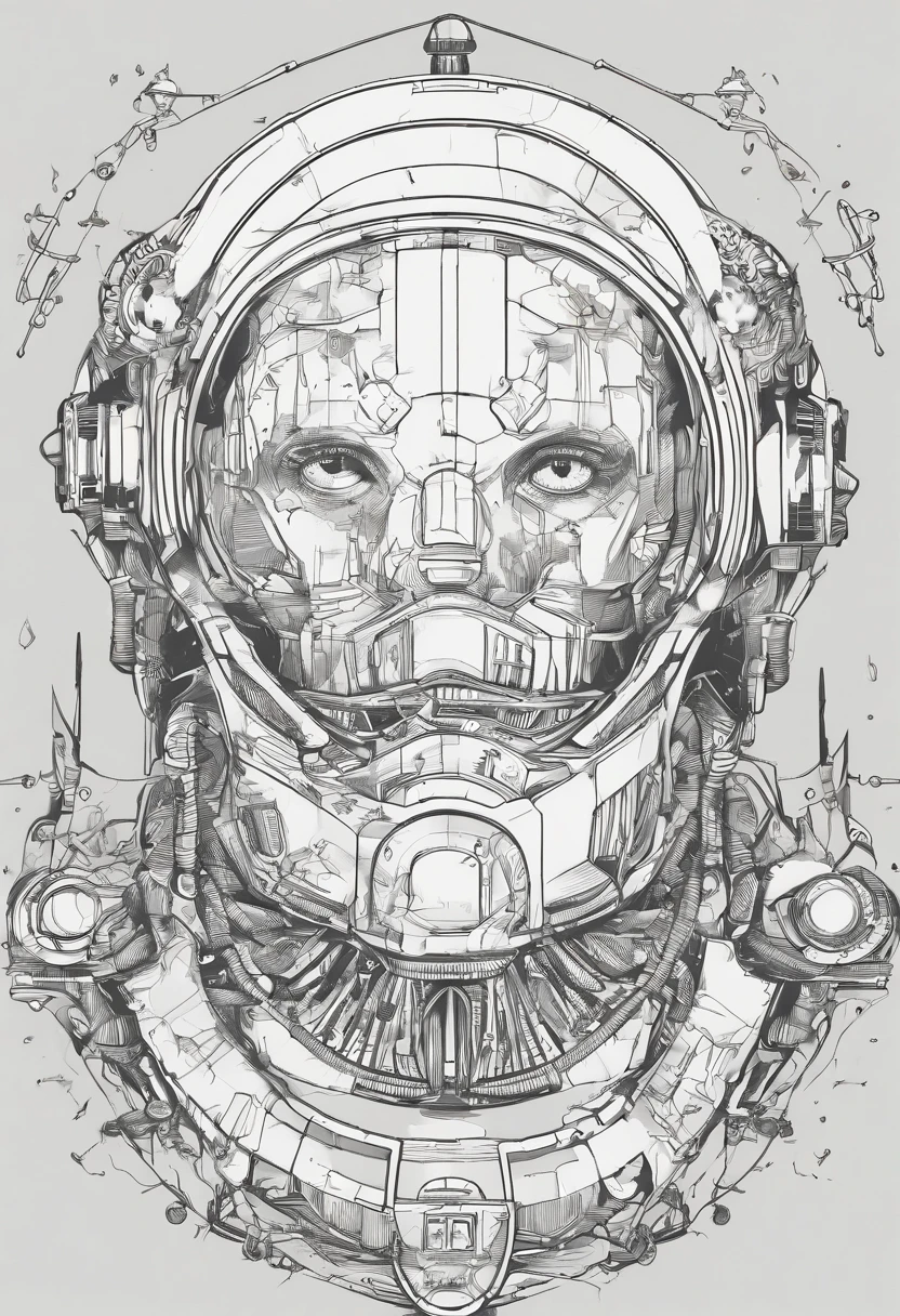 Croquis au crayon de (Astronaute Dans l'espace), (conception de tatouage au pochoir élégante et fine:1.2), (flottant avec la main gracieusement tendue vers le haut), (Combinaison spatiale détaillée avec une usure subtile:1.2), (Arrière-plan dégradé vertical en forme de losange allant du noir profond au gris plus clair:1.1), (Parties du corps s'étendant subtilement au-delà de la bordure du diamant), Éléments planétaires minimalistes, (Visière de casque fissurée révélant un crâne à l'intérieur), éclairage atmosphérique, Composition cinématographique, Art conceptuel, Illustration numérique, Détailée, inspiré par les œuvres de H.r. Giger, François Baranger, Utilisation d’effets de lumière naturelle, résolution 4K, L’accent est mis sur les détails ((Crâne visible à travers la visière)), (Yeux représentant le vide:1.3), faiblement éclairé, (Transmettre l’émotion profonde de l’isolement).