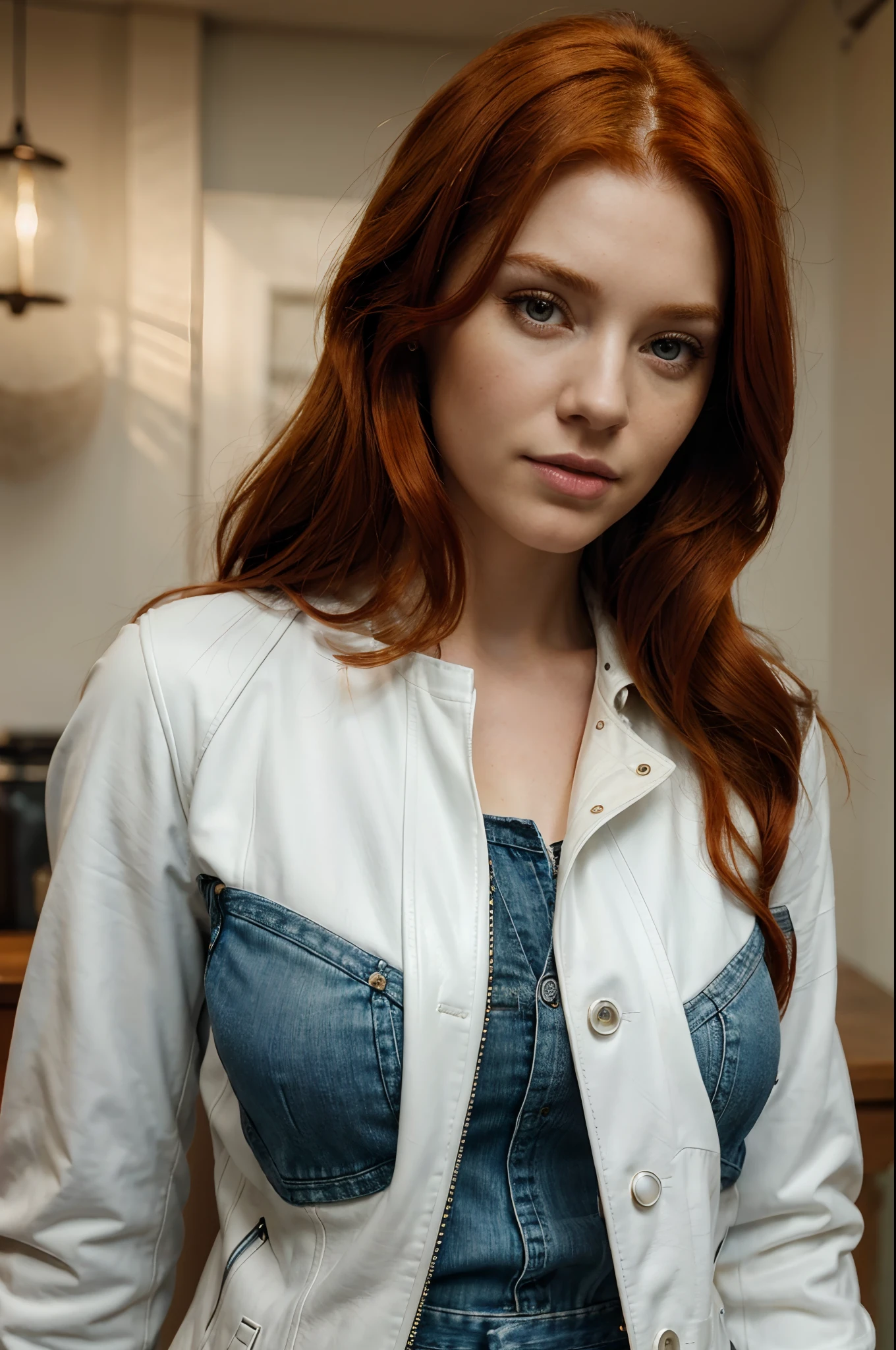 (best quality,4k,8k,highres,masterpiece:1.2),ultra-detailed,(realistic,photorealistic,photo-realistic:1.37), 1girl, (intricate details), beautiful detailed eyes, beautiful detailed lips, extremely detailed eyes and face, long eyelashes, ginger hair, wavy hair, looking at viewer, bokeh, french braid, vivid colors, ((Annie Wersching:1.5,Amy Adams:0.5)), ((youth, redhead)), denim pants, white shirt, leather jacket
