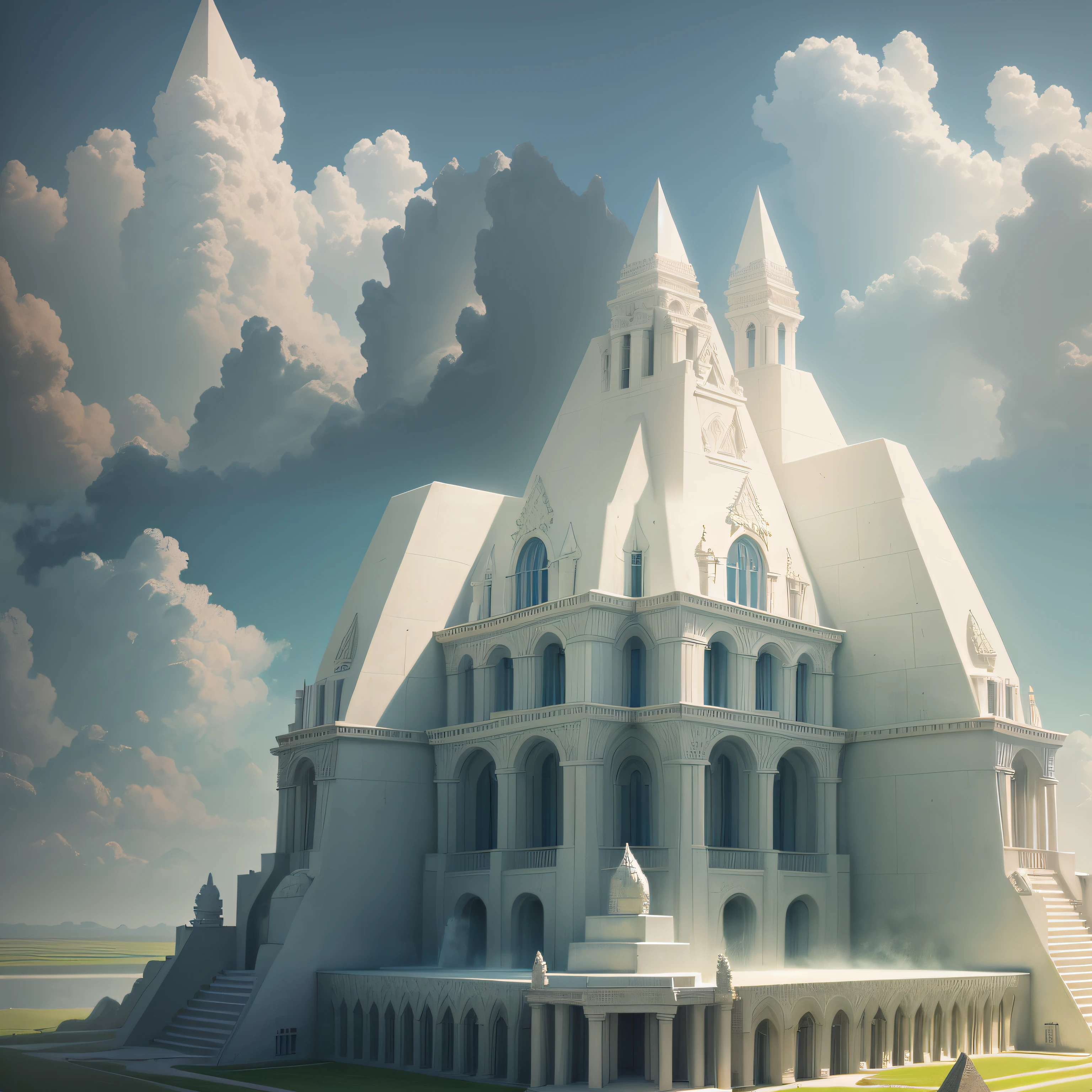 (((fantasy theme))), white colossal temple of resurrection made of white granites, pyramid roof, fantasy structure, in the middle of green meadow and at the side of great lake, (((symmetrical))), wide view, aesthetic, surreal, cinematic, sharp focus, masterpiece, best quality, 8k
