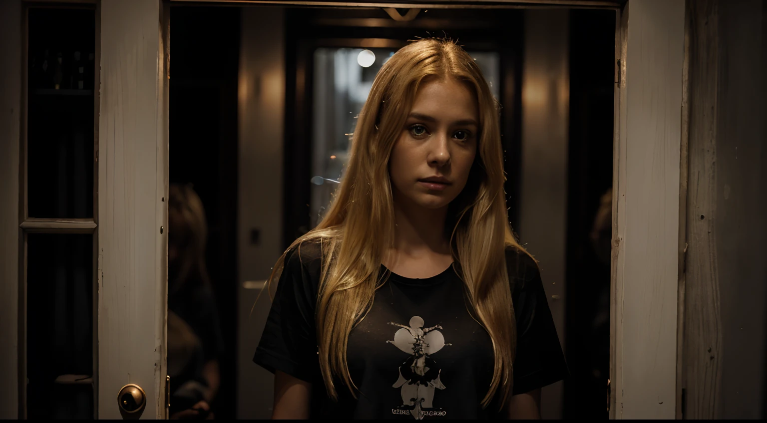 Stand-up blond woman, Blonde long-haired woman looking out of the door, Dark House, natta, a photo of, murky, dark lighting, dismal, realistic detailed, a photo of, Black T-shirt, JINS