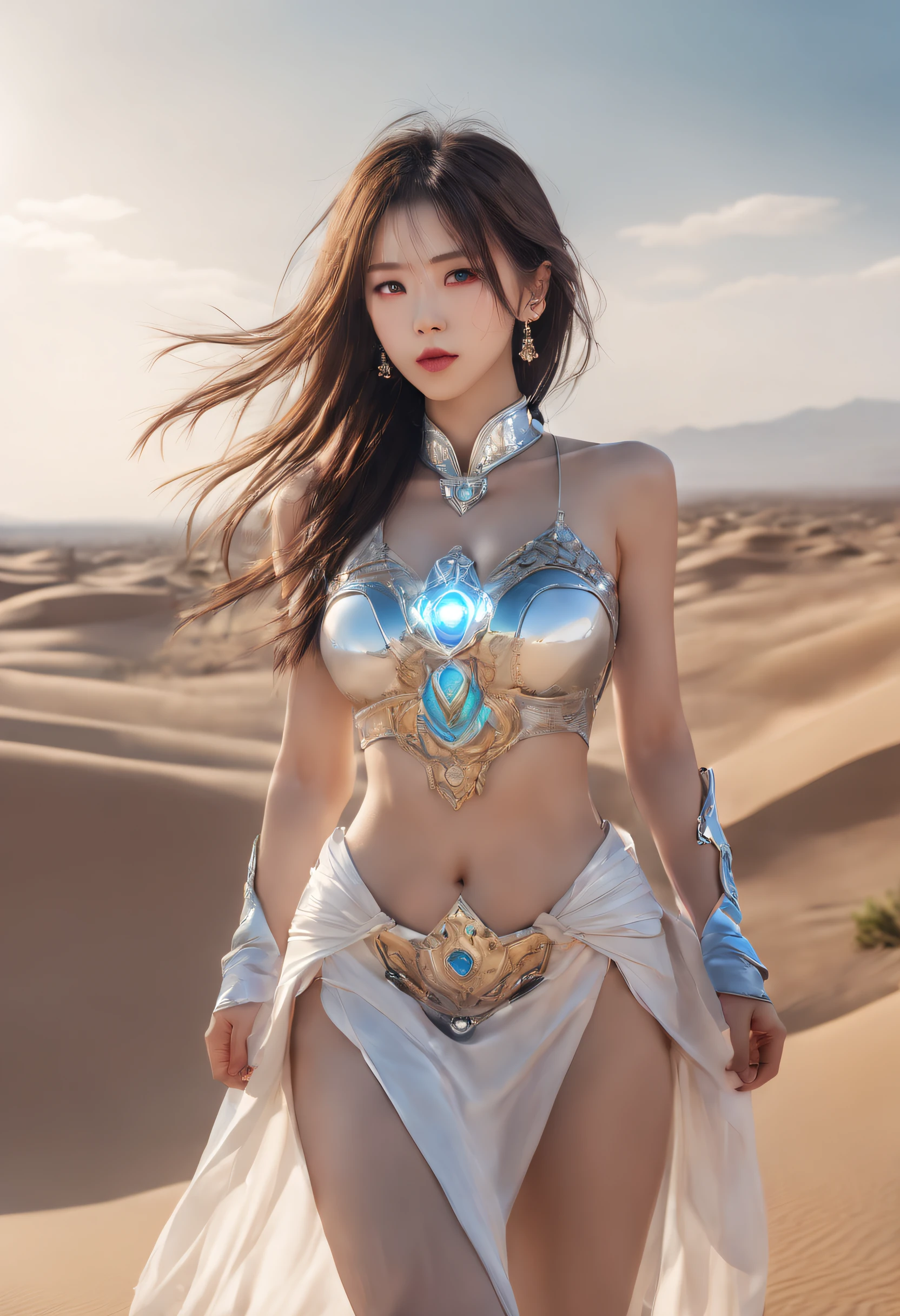 Cyberpunk fashion show，Xianxia style series，((The background is a scene at noon:1.3)),((with blue sky and white clouds:1.3)),((Face lighting:1.3)),((Top quality, 8K, Masterpiece: 1.3)), Solo, 1 girl, Sexy, Beautiful girl with accentuated slender abs: 1.4,Delicate skin，ultra - detailed，Slim figure，Long legs，Beautiful Meticulous Girl, absurderes, unbelievable Ridiculous, hugefilesize, 超詳細な顔, Detailed eyes, Double eyelids, self-shot,gorgeous chinese models, Without chest pads:1.2,(Shiny skin:1.2),(muscle arm:1.3),(muscle leg:1.3),((Ultra-detailed)),((Delicate face)), Beautiful detailed eyes, Long hair, Floating hair, ,hairs between eyes, GSHead,((Masterpiece)), ((High detail)), photography of，real photograph，Flat desert，Distant horizon，Vast desert，Sand，Dressed in a flowing manner、Silky traditional oriental dress，silkouette，Decorated with intricate patterns and bright colors，Highlights her seductive silhouette，((The background is a large flat desert:1.5)),Ultra-realistic detailed painting，Epic fantasy digital art style，8K,wide wide shot，Diagonal composition，art of photography，（Extremely refined and beautiful），The eye,Genshin_impact,Look at the viewer, ((Distant view)), Strong light and shadow, Cinema lenses，