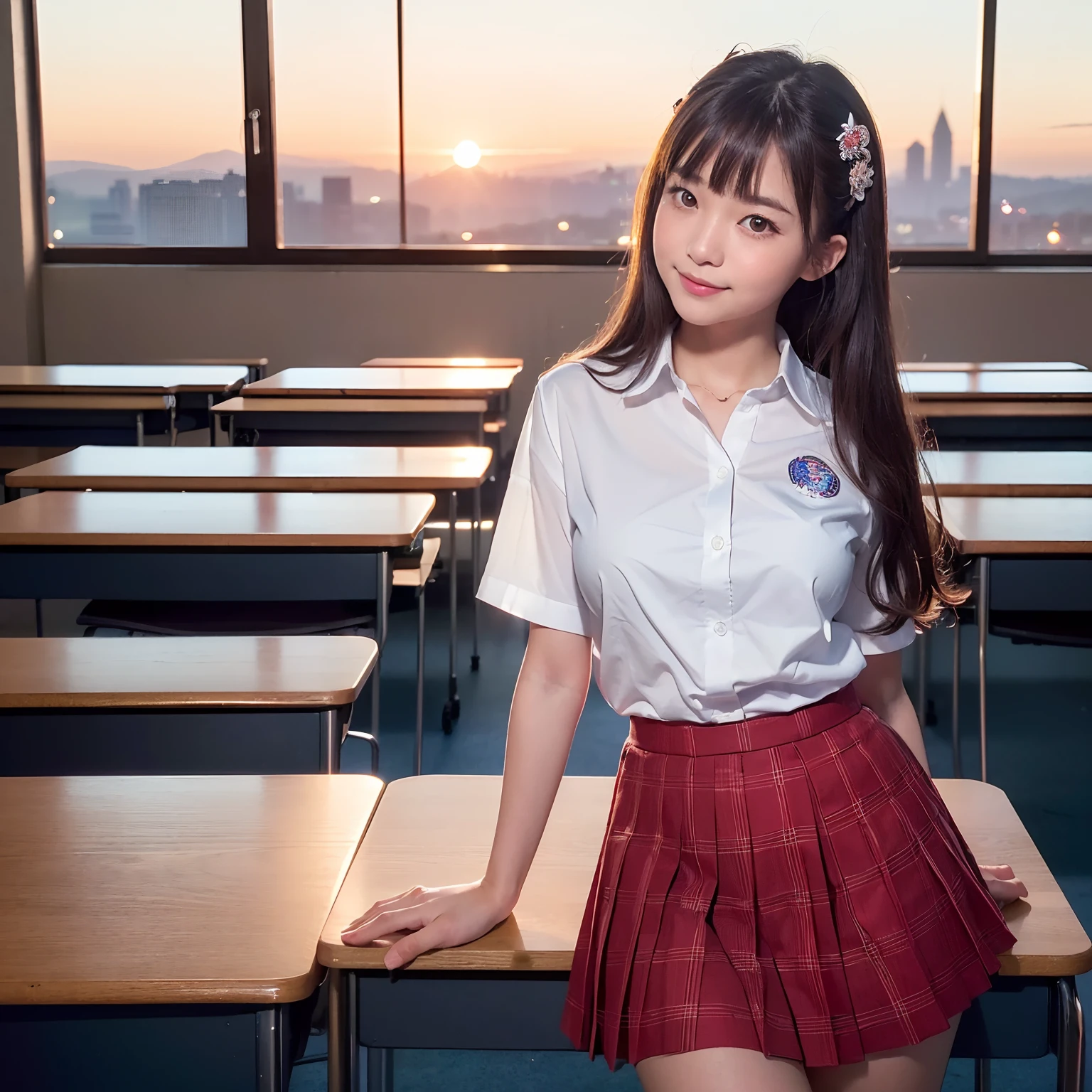 ((1 girl,Being in a high school classroom,Evening Classroom,Beautiful sunset,look at a camera,original intention,shyly smile,Faces close,Shot from up close,Photographing from the waist up,Smile,high-school uniform,model poses)),((Red ribbon on chest,white shirt,plaid pleated skirt,Moist eyes,Transparent skin,Slim body,large full breasts,Emphasize body lines,Perfect shiny hair,perfect glossy skin,Perfect shiny hair,Beautiful smooth hair,High School Classroom,super-detaild skin,Detailed High School Classroom Background,Perfectly recreated the interior of a high school classroom in Japan,Japan cutest face,Evening glow,Evening Classroom,Fantastic sunset,spectacular movie lighting,Artistic sunset,Sparkling sunset,Beautiful sunset,View here,Perfect fingers,face perfect,细致背景,Fair skin,Crystal clear white skin,Perfect fingers,perfect arms,细致背景,top-quality,The ultra -The high-definition,Perfect Anatomy,high-definition RAW color photography,professional photograpy, Very delicate, Extremely detailed,finely detail, Huge file size,Top image quality,8K,Award-Winning Works,masutepiece,Professional filming, artistic))