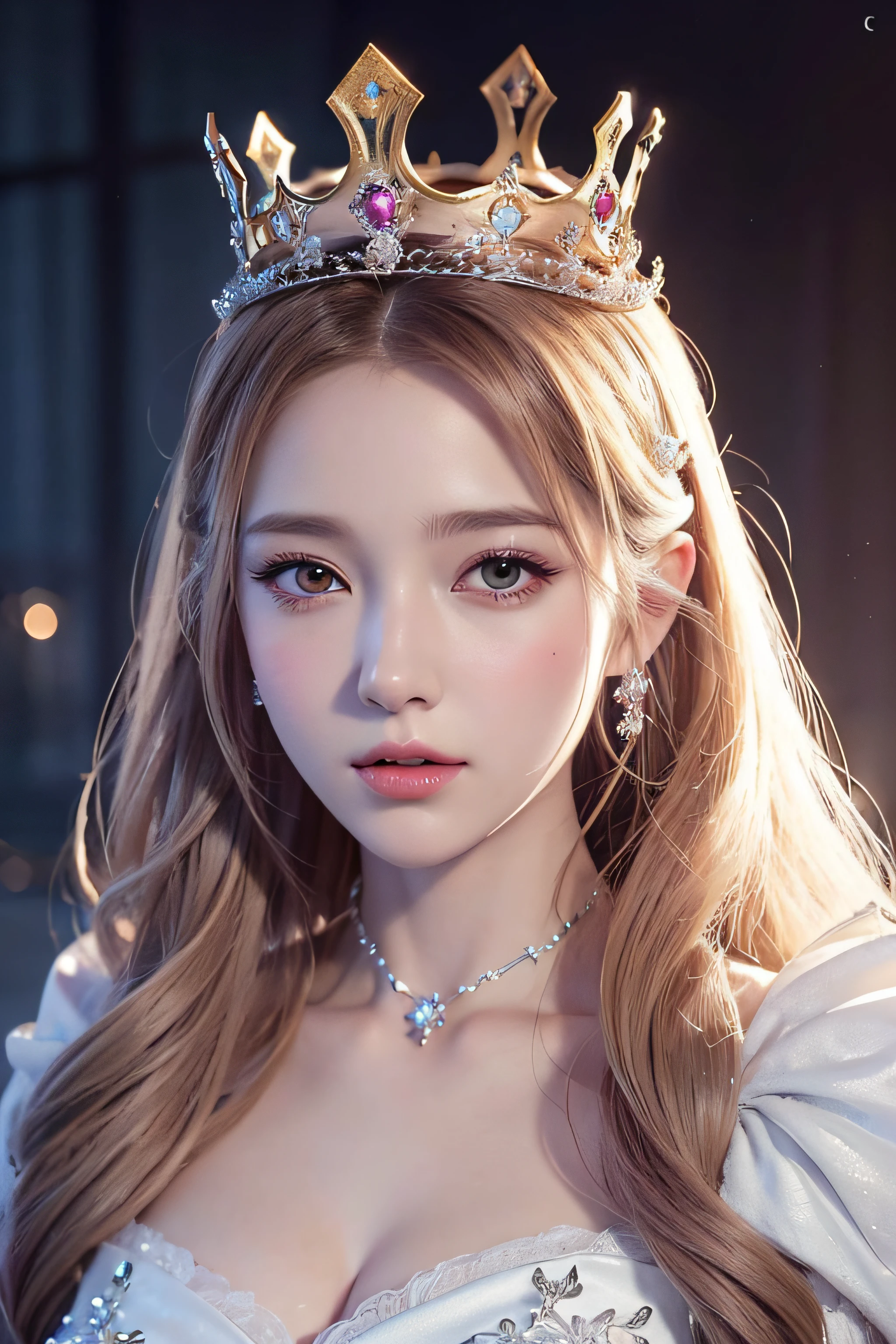 There is a woman in a white dress with a crown on her head, closed mouth, a beautiful fantasy queen, ((beautiful fantasy queen)), a portrait of a princess, a work of art in the 3d style. 5D CGI anime fantasy artwork, 8K high quality detail art