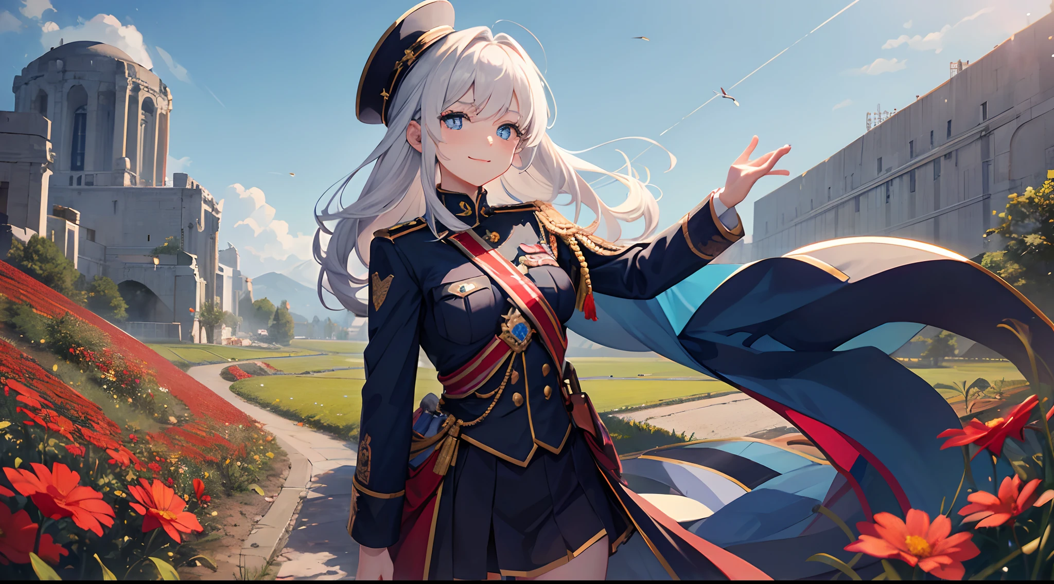Vladilena Milise, From the anime "86", appears as a brave and determined young woman. Her appearance reflects a mixture of grace and strength. Her white hair blends harmoniously with her bright blue eyes, that radiate intelligence and determination,She also wears a blue military cap with the Republic badge on it. Her face shows more than just intellect, but also a sense of care and responsibility. Vladilena's gaze is full of warmth and understanding, which creates a contrast with her blue military uniform,and accentuated white stockings. She wears the uniform of the Republic of San Magnolia with dignity, reflecting their dedication and dedication to their country.((She is standing in the middle of a field with red flowers)) Despite the gravity of the circumstances in the world 86, Vladilena has a sincere smile, which highlights her humanity and hope. Her spirit and determination to serve and protect create an image of a strong and inspiring leader,8K, 1920x1080
