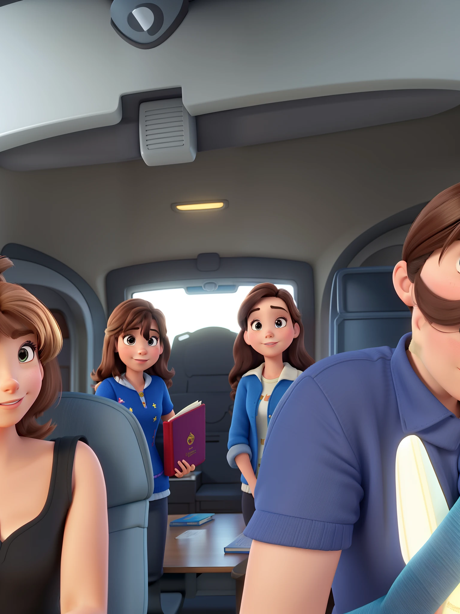 Three brunette women Disney Pixar style, alta qualidade, melhor qualidade, pano de fundo biblioteca