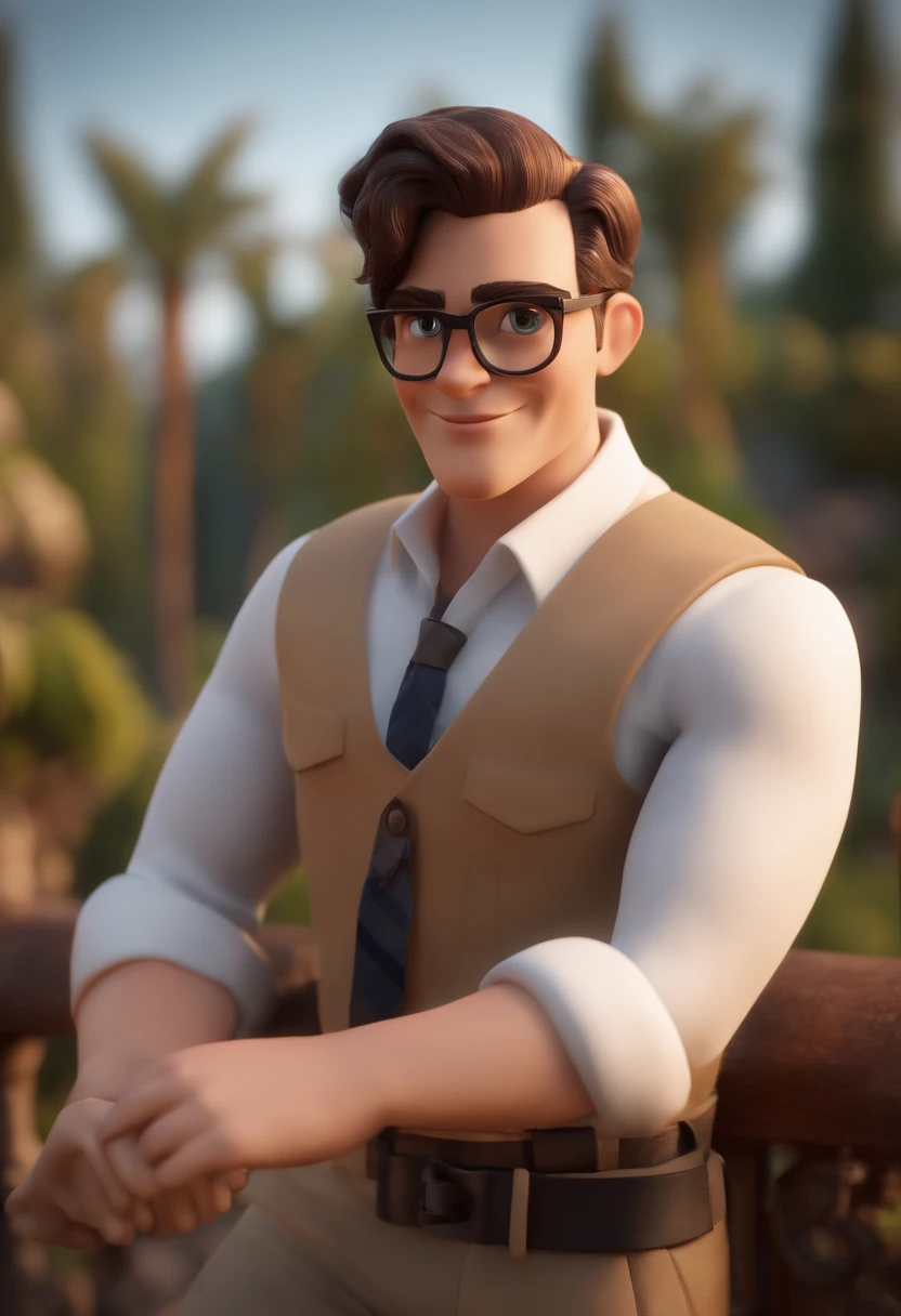 personagem dos desenhos animados de um homem com cerca de 30 anos, black glasses and a brown and white plaid shirt, corte de cabelo estilo militar, cabelo curto castanho escuro, smart band no pulso esquerdo, Serious look with slight smile, animation character, Caractere estilizado, animation style rendering, 3D estilizado, Arnold Maya render, 3 d render stylized, toon render keyshot, Personagem 3D, Personagem 3D, 3d rendering stylized, 3 d character render, personagem de desenho animado, Pose de personagem, (Estilo Pixar) (master part:1.2) (Bokeh) (melhor qualidade) (pele detalhada) (textura detalhada) (8k) (argila) (Cinematic lighting) (foco nítido