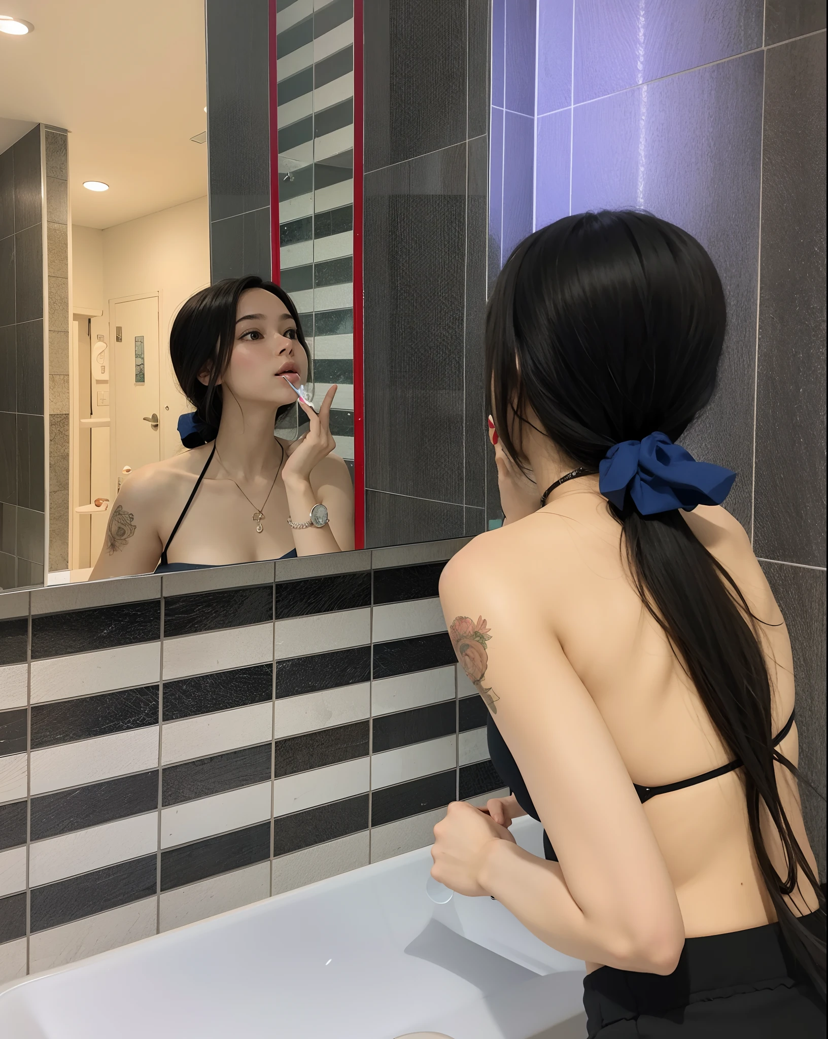 there is a woman that is brushing her teeth in the mirror, admiring her own reflection, 2 2 anos, 21 anos, 2 3 anos, 2 8 anos, 2 7 anos, 2 4 anos, 18 anos, 2 9 anos, 20 anos, 2 0 anos, com um espelho