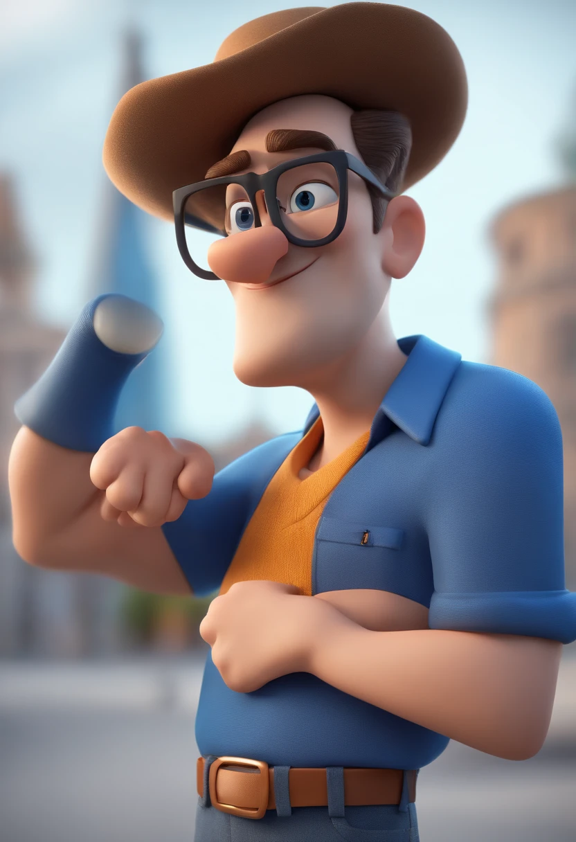 Cartoon character of a man with black glasses and a blue shirt, animation character, Caractere estilizado, animation style rendering, 3D estilizado, Arnold Maya render, 3 d render stylized, toon render keyshot, Personagem 3D, Personagem 3D, 3d rendering stylized, 3 d character render, personagem de desenho animado, Personagem de close up, Pose de personagem,  (Estilo Pixar) (master part:1.2) (Bokeh) (best quality) (pele detalhada) (textura detalhada) (8k) (argila) (Cinematic lighting) (foco nítido