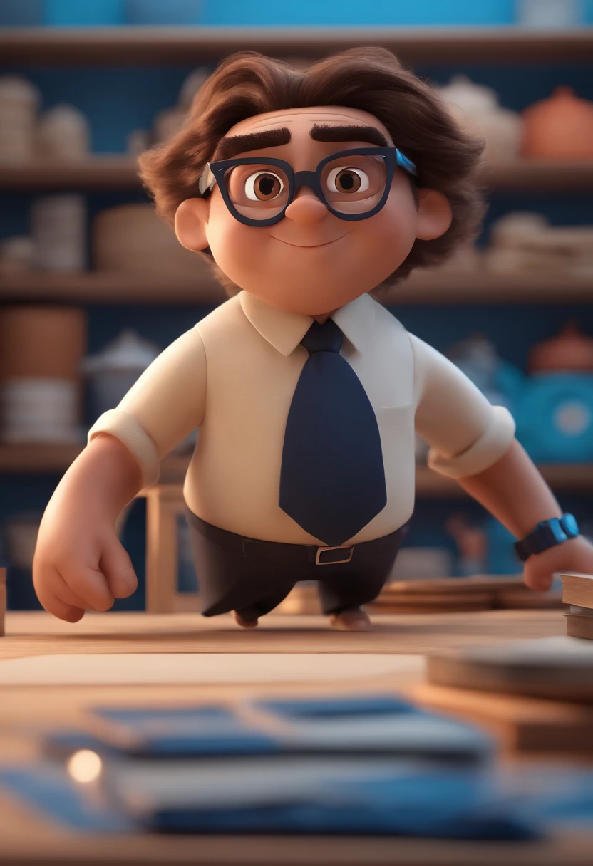 Cartoon character of a man with black glasses and a blue shirt, animation character, Caractere estilizado, animation style rendering, 3D estilizado, Arnold Maya render, 3 d render stylized, toon render keyshot, Personagem 3D, Personagem 3D, 3d rendering stylized, 3 d character render, personagem de desenho animado, Personagem de close up, Pose de personagem,  (Estilo Pixar) (master part:1.2) (Bokeh) (best quality) (pele detalhada) (textura detalhada) (8k) (argila) (Cinematic lighting) (foco nítido