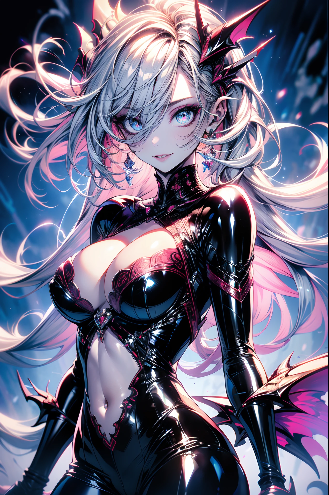 Insanely detailed photograph of a gorgeous vampire alien woman, Renaissance, long white hair, intricate white eyes, fantastical, ethereal, hyperdetailed, 32k resolution, dynamic lighting, covered navel, hyper detailed, intricately detailed, trending on Artstation, white luxury suit, volumetric lighting, BalenciagaStyle