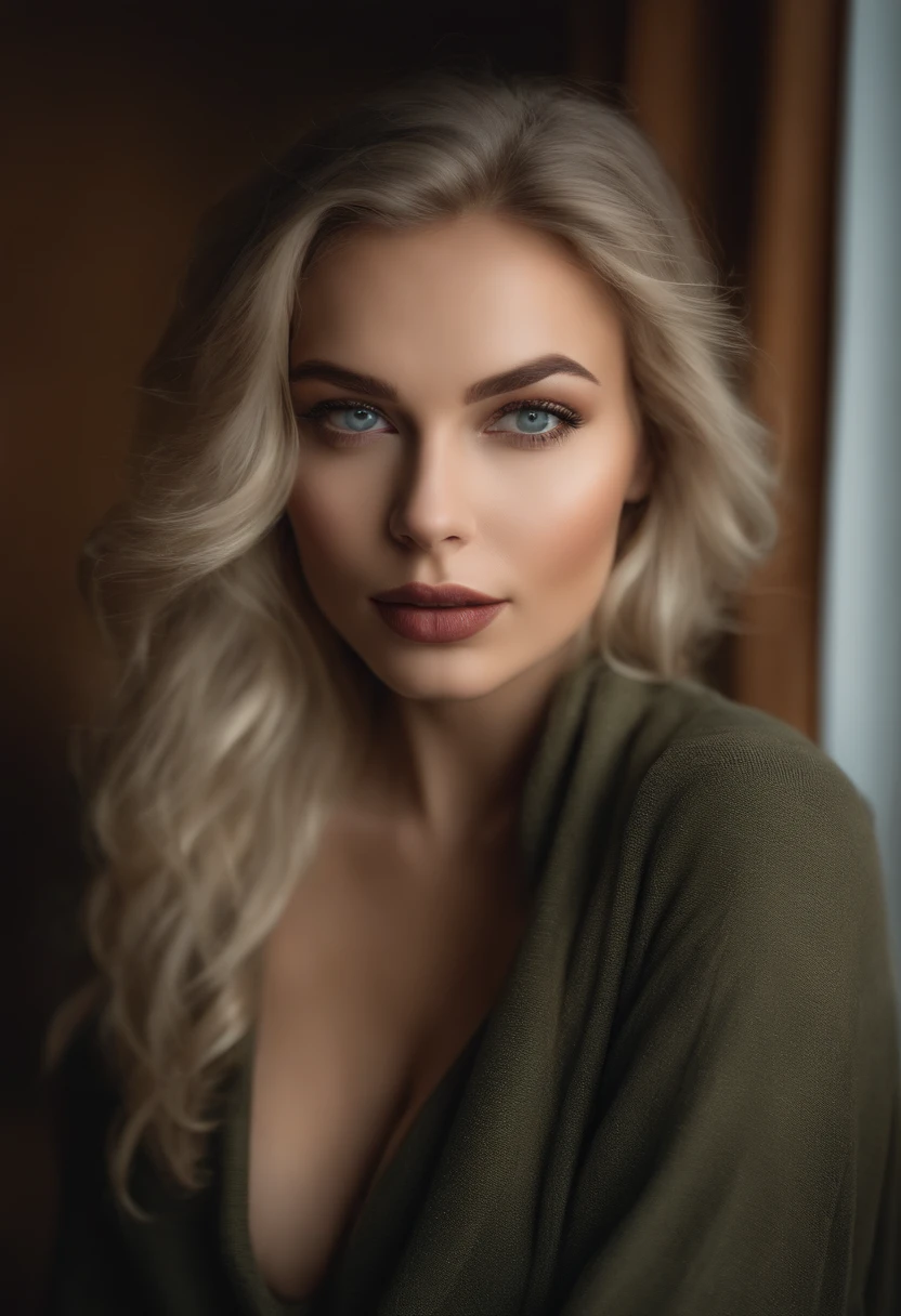 arafed frau voll , Sexy girl with blue eyes, ultra realistisch, Akribisch detailliert, portrait sophie mudd, blonde hair and large eyes, Selfie einer jungen Frau, Augen im Schlafzimmer, Violet Myers, ohne Make-up, Natural makeup, Blick direkt in die Kamera, Gesicht mit Artgram, dezentes Make-up, Stunning full body shot, die auf dem Bett kniet, im Schlafzimmer, Large bust,(film grain:1.3)