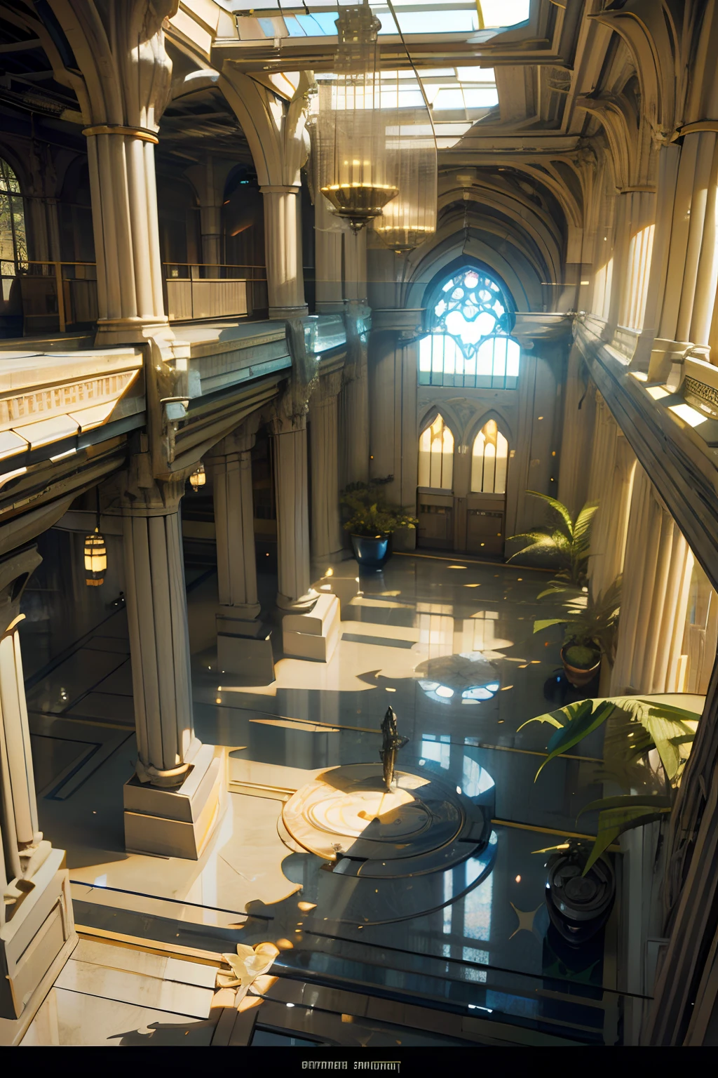 (Greenhouse),(Urbanized interior),(High, gigantic ceiling, high greenhouse),(Cybernetic data center),(Data control center, long corridor, polished stone floor, very high glass ceiling, lets in daylight), (Along arched walls - semicircular niches, cybernetic gothic), (server equipment in the side niches, cabinets with electronics, wires curling to the floor), (along the corridor there is exotic - alien vegetation (fern type - tropical species), vegetation is located along the walls, in massive cubic pots, Art Nouveau style). High under the ceiling are computer spheres, an artificial organism connected by many wires to server cabinets in the walls. The building is filled with a large number of plants, the greenhouse-data center is in the style of cyberpunk, ancient Gothic, and looks very modern. White and black plastic, aluminum, polished artificial stone, 3D architectural printing. The walls are decorated with complex geometric patterns. White and black with gold predominate in the main color range. The general stage is in twilight. The central part of the corridor is well-lit from above by a greenhouse glass ceiling. The shiny surface of the floor reflects surrounding objects. Lots of light bulbs - electronics. (Cyberpunk, futurism), (Ghost in the Shell style, Japanese anime.
Interior lighting, neutral-white light - warm shadows, matrix geometry, and secret symbolism decorate the floor. The high Gothic forms of the walls - the atmosphere of the future, an alien highly developed civilization, in the side naves there are electronic holograms. Warm bright - contrasting light, light clear shadows, clear image of details, texture, decor (high image quality), (Clear high-quality render), (unreal engine), SD quality, 8K. Stylization Animation, RiotGames, Lucas Arts, Japanese cyberpunk anime, Blade Runner. Sh.R. Giger "Alien".