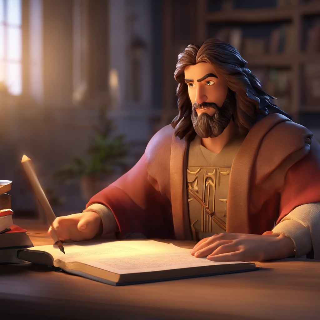 Crie um cartaz inspirado na Disney Pixar com o personagem sendo o Joven de 33 anos trabalhando com Ti em frente ao pc ele e moreno, magro, cabelo preto corte degrade, olhos castanhos claro, in an office with a Bible on the table and Jesus Christ by his side guiding him