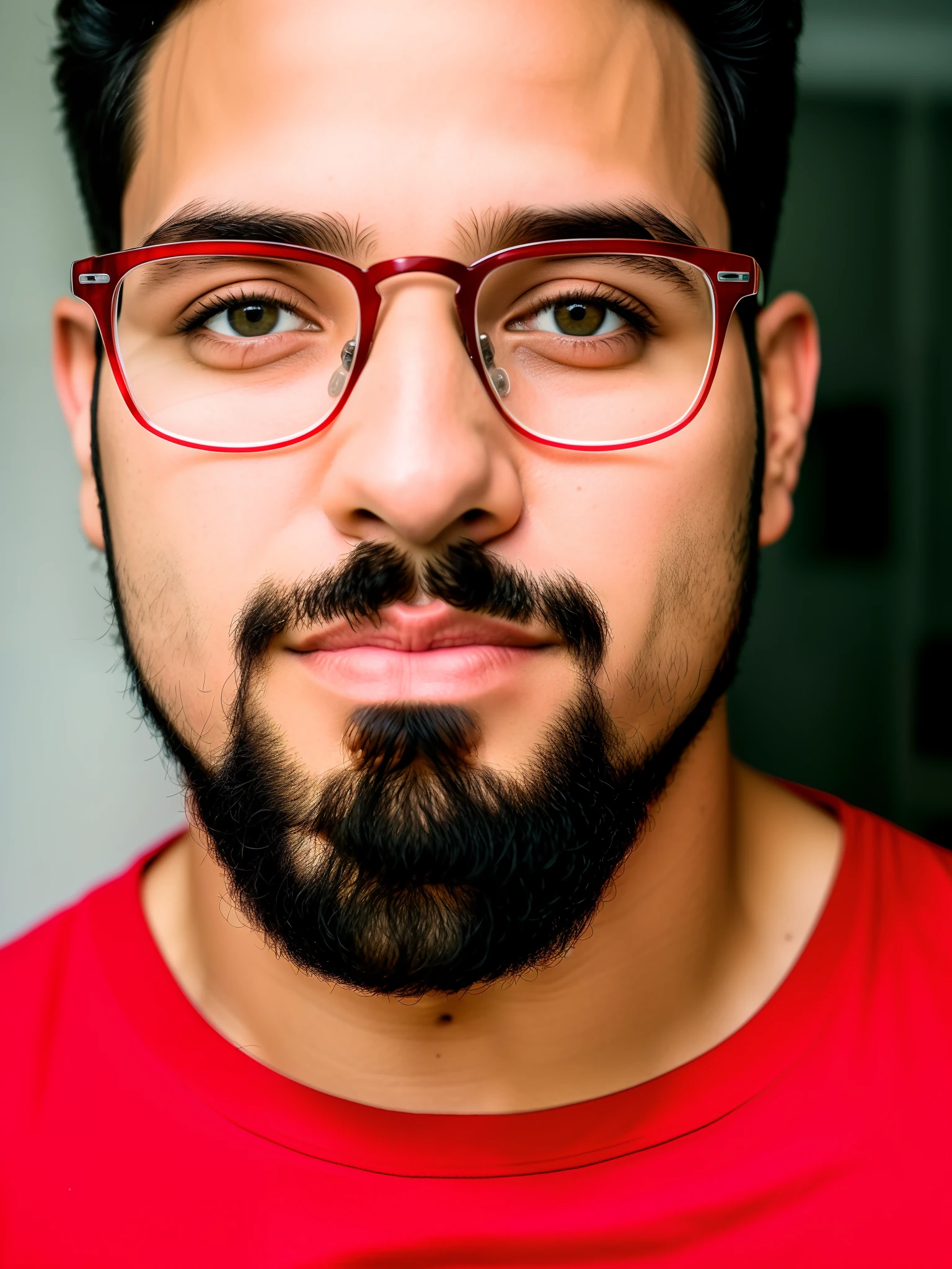 arafed man with glasses and a red shirt posing for a picture, imagem frontal, caio santos, icaro carvalho, with nerdy glasses and goatee, em torno de 1 9 anos, inspired by Antônio Parreiras, with glasses and goatee, david rios ferreira, Pose frontal, Fotografia selfie 8k, clear symmetrical face