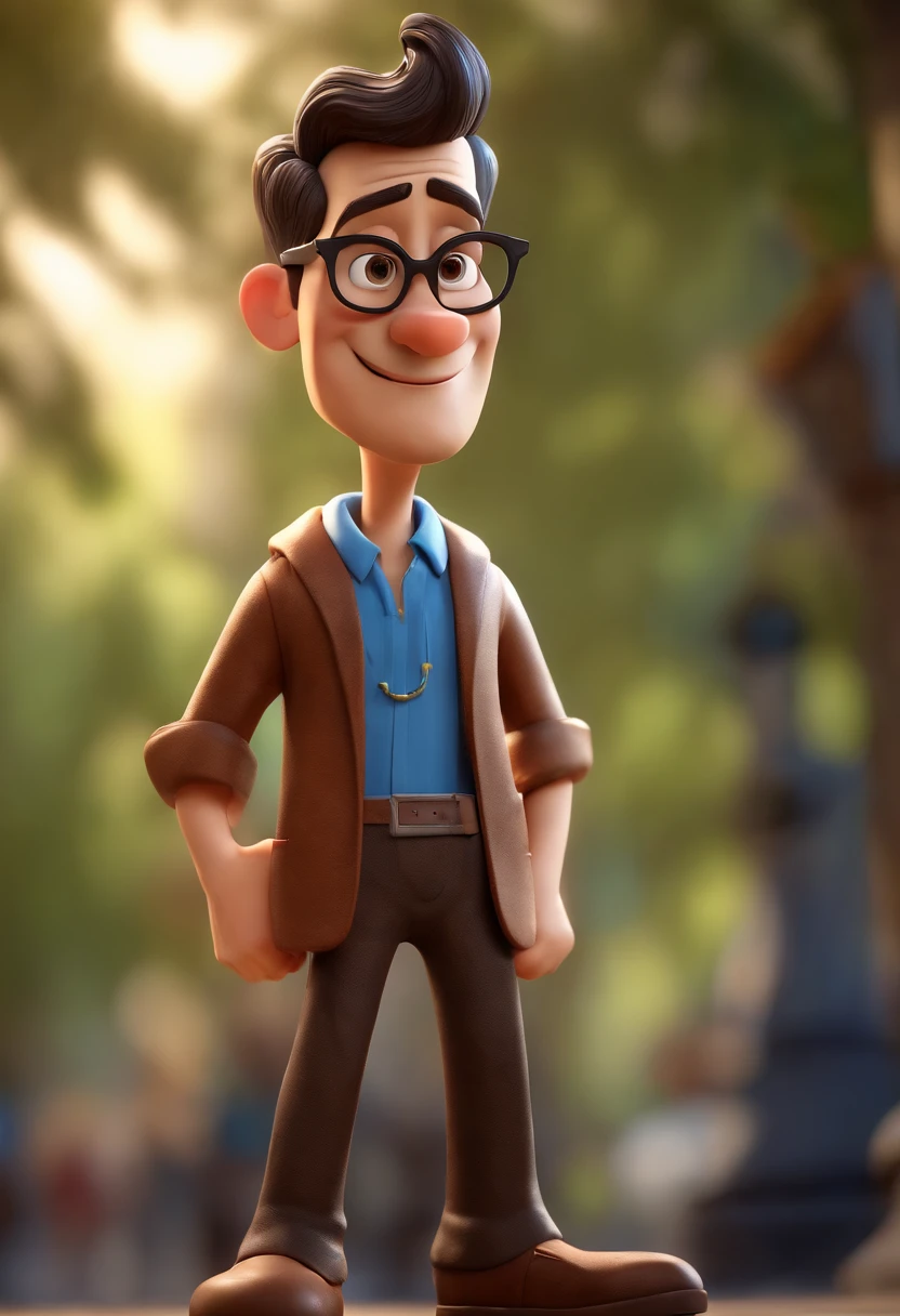 Cartoon character of a man with black glasses, cabelo cacheado marrom escuro e uma camisa azul, animation character, Caractere estilizado, animation style rendering, 3D estilizado, Arnold Maya render, 3 d render stylized, toon render keyshot, Personagem 3D, Personagem 3D, 3d rendering stylized, 3 d character render, personagem de desenho animado, Personagem de close up, Pose de personagem, (Estilo Pixar) (master part:1.2) (Bokeh) (best quality) (pele detalhada) (textura detalhada) (8k) (argila) (Cinematic lighting) (foco nítido
