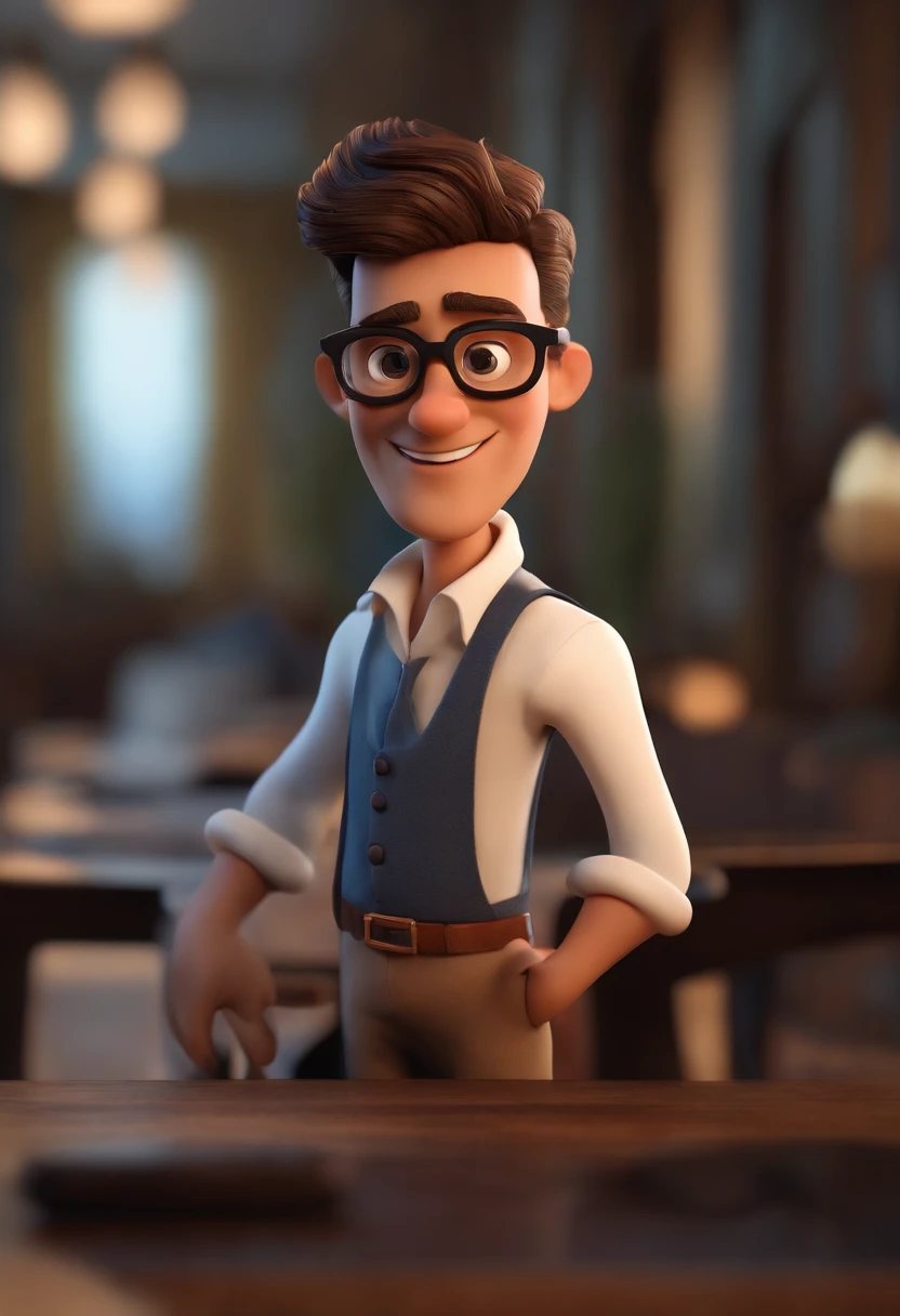 Cartoon character of a man with black glasses, cabelo cacheado marrom escuro e uma camisa azul, animation character, Caractere estilizado, animation style rendering, 3D estilizado, Arnold Maya render, 3 d render stylized, toon render keyshot, Personagem 3D, Personagem 3D, 3d rendering stylized, 3 d character render, personagem de desenho animado, Personagem de close up, Pose de personagem,  (Estilo Pixar) (master part:1.2) (Bokeh) (best quality) (pele detalhada) (textura detalhada) (8k) (argila) (Cinematic lighting) (foco nítido