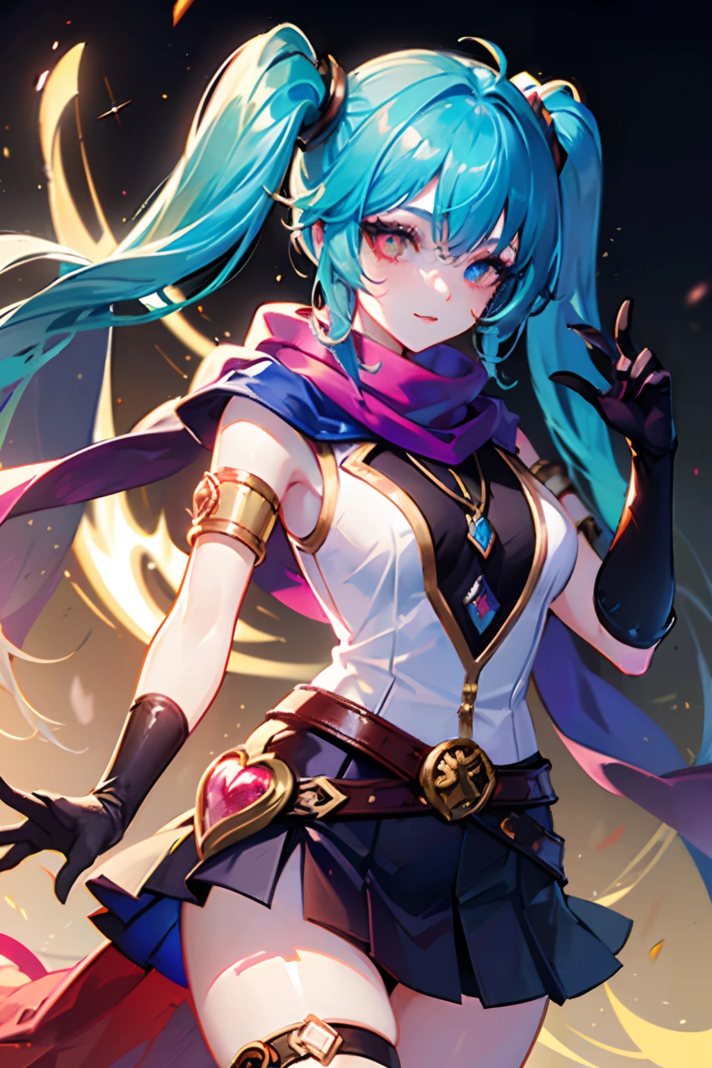 league of legend female character, hyper league of legend art style, void magic student, ((cloak, mini skirt, badge, hand glove, belt, armlet, scarf)), ((colorful twintails, colorful pupil, stripe make up, perfect body shape)), (evil aura, vine effect), (masterpieces, fantasy world, hyper resolution), library background
