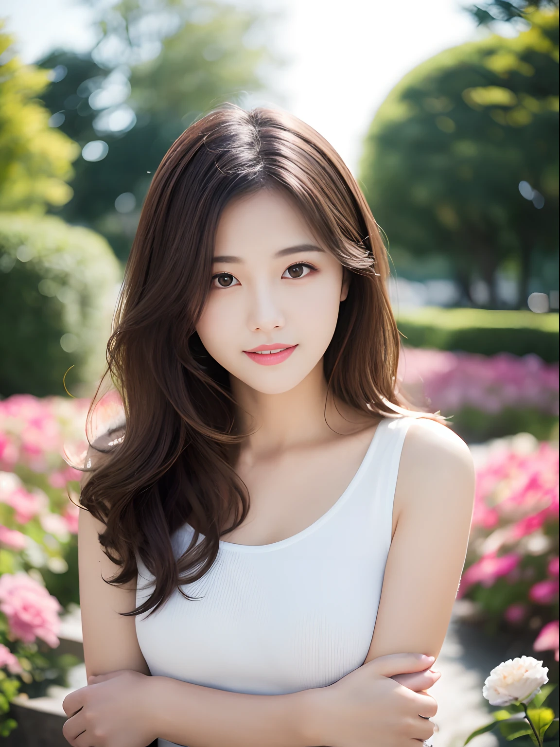 best qualtiy，tmasterpiece，超A high resolution，RAW photogr，1girl in，Loose perm hair、Dark brown hair、japanes、smil、arms in arms、professional photograpy、Same skin type as humans、Female proofreading of Japan from head to foot、Blur the background、Draws faithfully to anatomy、Very detailed and beautiful、Ultra-high image quality、long、Hair swaying and sexy、Very detailed beautiful girl、Hair to the shoulders、The shirt、Flower garden、a park、