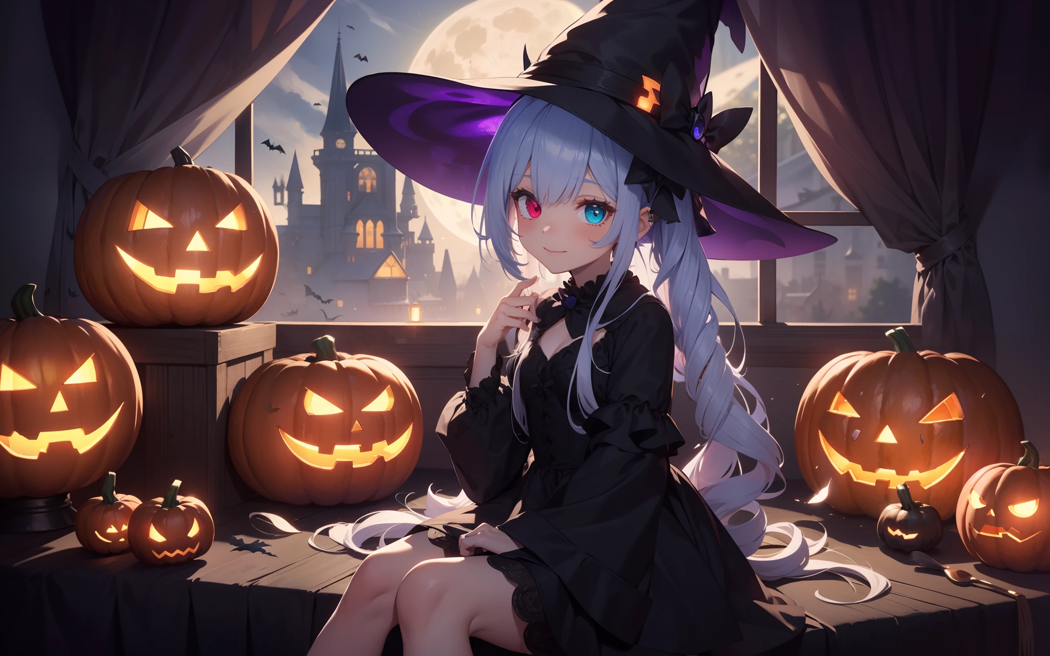 Highest quality、Photorealsitic、The ultra-detailliert、delicate、orderly、High Details、bluish-silver ponytail、(Drooping heterochromia iris:1.4)、Gamine、 old、embarrassed from、a smile、A slender、cowboy shot、blured background、(1 girl in:1.2)、GameCG、dynamic ungle、(Bioluminescent hair、radiant eyes:1.2)、ambient occlusion、ambient lights、ray trace reflection、Glow、glowing aura、Radiant hair、Halloween, jack-o-lanterns, Witch, Night,Large quantities of jack-o'-lanterns, fullmoon、black cat、Halloween Girl, Halloween Hat, Halloween Dresses, Sitting on a broom, With a hat on your head, Mini Dress Black Halloween, Swept away by the flight of the witch and sat down,Black Dress Halloween, Chic,