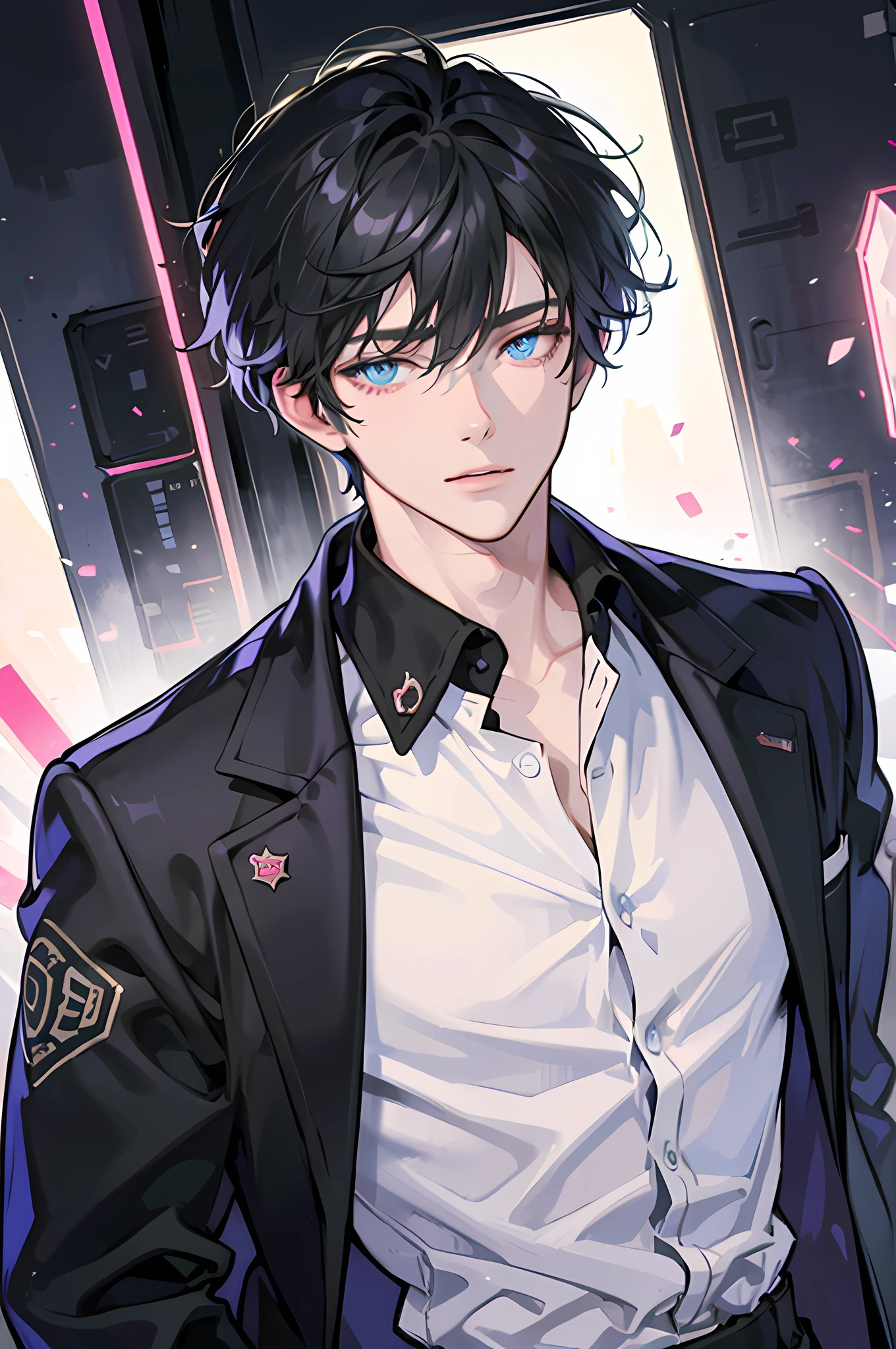 (absurdres, highres, ultra detailed, anime style), 1boy, adult, handsome, tall muscular guy, broad shoulders, finely detailed eyes, black hair, hair between eyes, crystal blue eyes, holographic, black coat, gun holster, chest strap, tight shirt, intense run, speed, neon-lit night city, neon sign, skyscraper, Cyan, Magenta, (dutch angle), long face, closed mouth