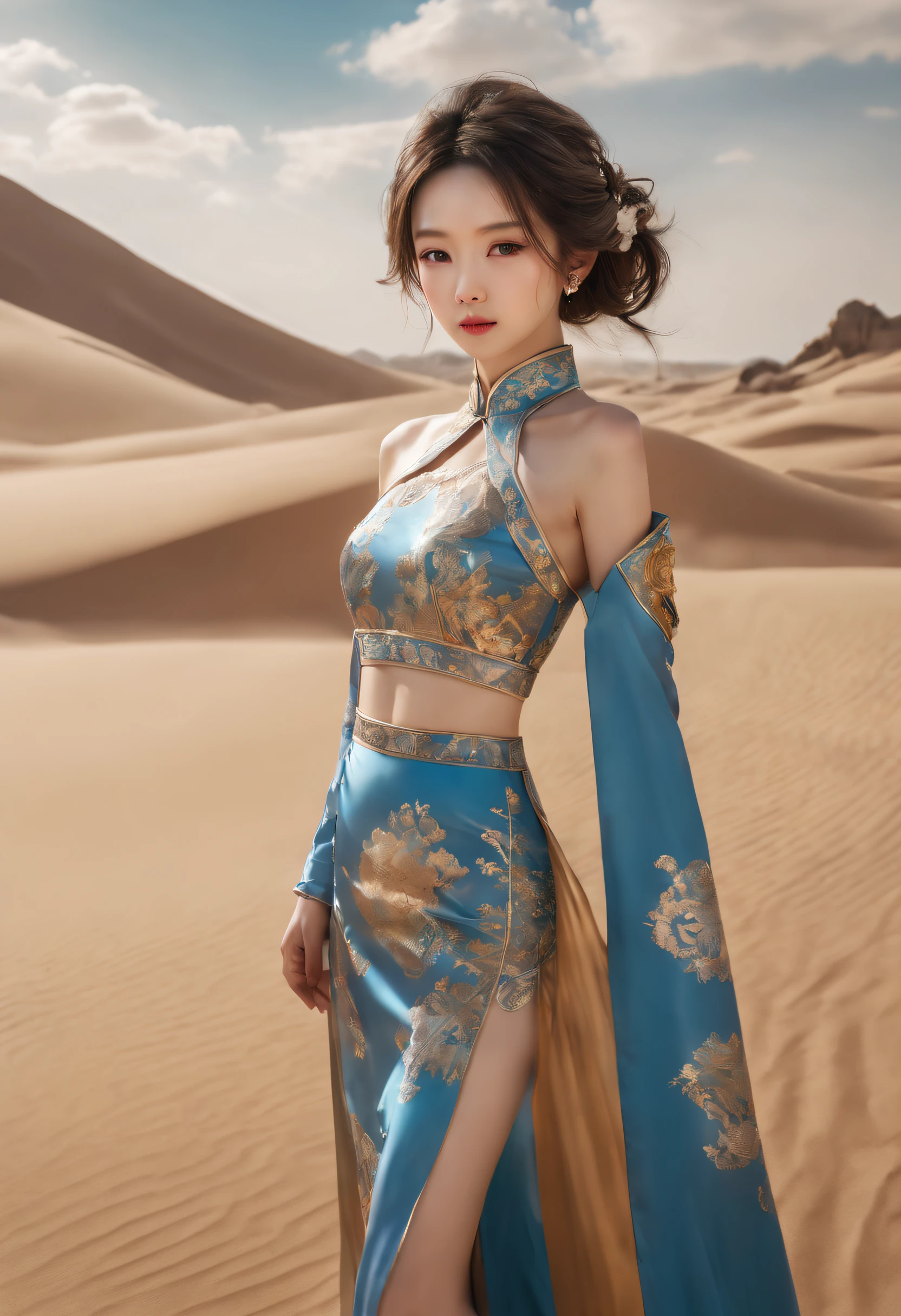 Silk Road Fashion Show，Cheongsam series，((The background is a scene at noon:1.3)),((with blue sky and white clouds:1.3)),((Face lighting:1.3)),((Top quality, 8K, Masterpiece: 1.3)), Solo, 1 girl, Sexy, Beautiful girl with accentuated slender abs: 1.4,Delicate skin，ultra - detailed，Slim figure，Long legs，Beautiful Meticulous Girl, absurderes, unbelievable Ridiculous, hugefilesize, hyperdetailed face, Detailed eyes, Double eyelids, self-shot,gorgeous chinese models, Without chest pads:1.2,(Shiny skin:1.2),(muscle arm:1.3),(muscle leg:1.3),((Ultra-detailed)),((Delicate face)), Beautiful detailed eyes, Long hair, Floating hair, ,hairs between eyes, GSHead,((Masterpiece)), ((High detail)), photography of，real photograph，Flat desert，Distant horizon，Vast desert，Sand，Dressed in a flowing manner、Silky traditional oriental cheongsam，Decorated with intricate patterns and bright colors，Highlights her seductive silhouette，((The background is a large flat desert:1.5)),Ultra-realistic detailed painting，Epic fantasy digital art style，8K,wide wide shot，Diagonal composition，art of photography，（Extremely refined and beautiful），The eye,Genshin_impact,Look at the viewer, ((Distant view)), Strong light and shadow, Cinema lenses，