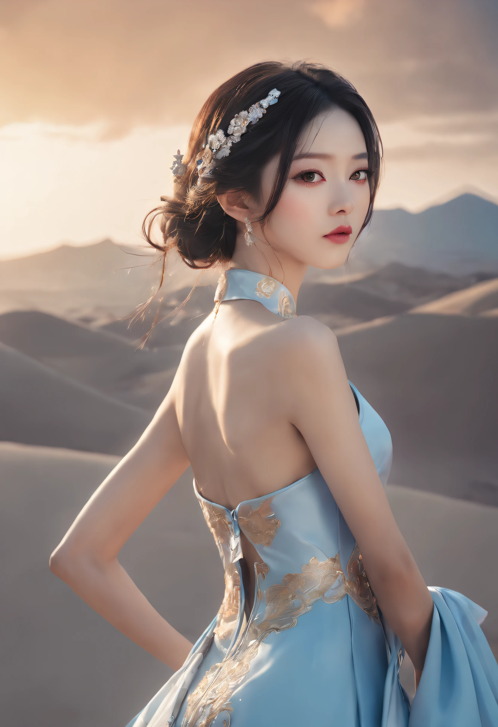 Silk Road Fashion Show,Cheongsam series,((The background is a scene at noon:1.3)),((with blue sky and white clouds:1.3)),((Face lighting:1.3)),((Top quality, 8K, Masterpiece: 1.3)), Solo, 1 girl, Sexy, Beautiful girl with accentuated slender abs: 1.4,Delicate skin,ultra - detailed,Slim figure,Long legs,Beautiful Meticulous Girl, absurderes, unbelievable Ridiculous, hugefilesize, hyperdetailed face, Detailed eyes, Double eyelids, self-shot,gorgeous chinese models, Without chest pads:1.2,(Shiny skin:1.2),(muscle arm:1.3),(muscle leg:1.3),((Ultra-detailed)),((Delicate face)), Beautiful detailed eyes, Long hair, Floating hair, ,hairs between eyes, GSHead,((Masterpiece)), ((High detail)), photography of,real photograph,Flat desert,Distant horizon,Vast desert,Sand,Dressed in a flowing manner、Silky traditional oriental cheongsam,Decorated with intricate patterns and bright colors,Highlights her seductive silhouette,((The background is a large flat desert:1.5)),Ultra-realistic detailed painting,Epic fantasy digital art style,8K,wide wide shot,Diagonal composition,art of photography,(Extremely refined and beautiful),The eye,Genshin_impact,Look at the viewer, ((Distant view)), Strong light and shadow, Cinema lenses,