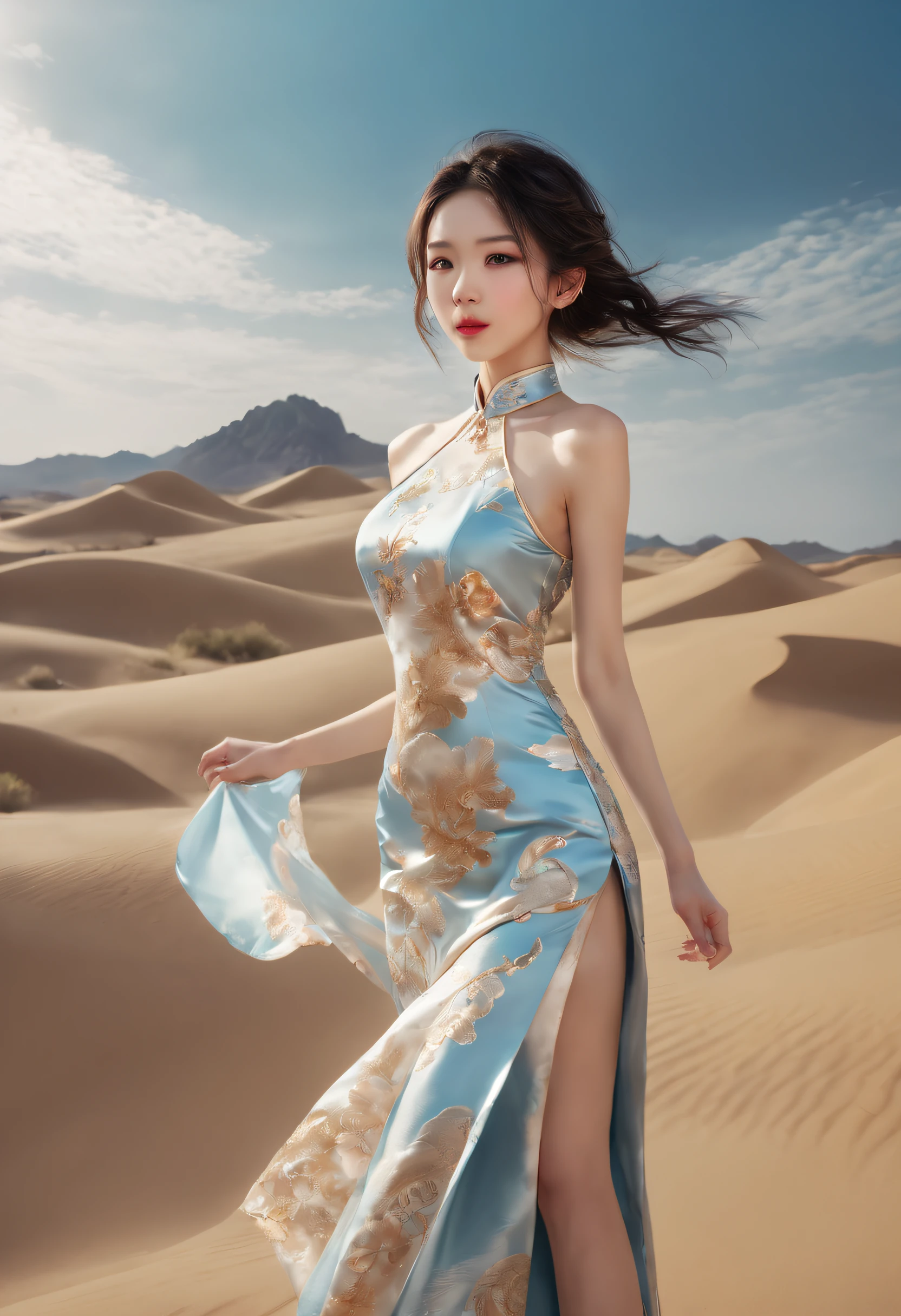 Silk Road Fashion Show,Cheongsam series,((The background is a scene at noon:1.3)),((with blue sky and white clouds:1.3)),((Face lighting:1.3)),((Top quality, 8K, Masterpiece: 1.3)), Solo, 1 girl, Sexy, Beautiful girl with accentuated slender abs: 1.4,Delicate skin,ultra - detailed,Slim figure,Long legs,Beautiful Meticulous Girl, absurderes, unbelievable Ridiculous, hugefilesize, hyperdetailed face, Detailed eyes, Double eyelids, self-shot,gorgeous chinese models, Without chest pads:1.2,(Shiny skin:1.2),(muscle arm:1.3),(muscle leg:1.3),((Ultra-detailed)),((Delicate face)), Beautiful detailed eyes, Long hair, Floating hair, ,hairs between eyes, GSHead,((Masterpiece)), ((High detail)), photography of,real photograph,Flat desert,Distant horizon,Vast desert,Sand,Dressed in a flowing manner、Silky traditional oriental cheongsam,Decorated with intricate patterns and bright colors,Highlights her seductive silhouette,((The background is a large flat desert:1.5)),Ultra-realistic detailed painting,Epic fantasy digital art style,8K,wide wide shot,Diagonal composition,art of photography,(Extremely refined and beautiful),The eye,Genshin_impact,Look at the viewer, ((Distant view)), Strong light and shadow, Cinema lenses,