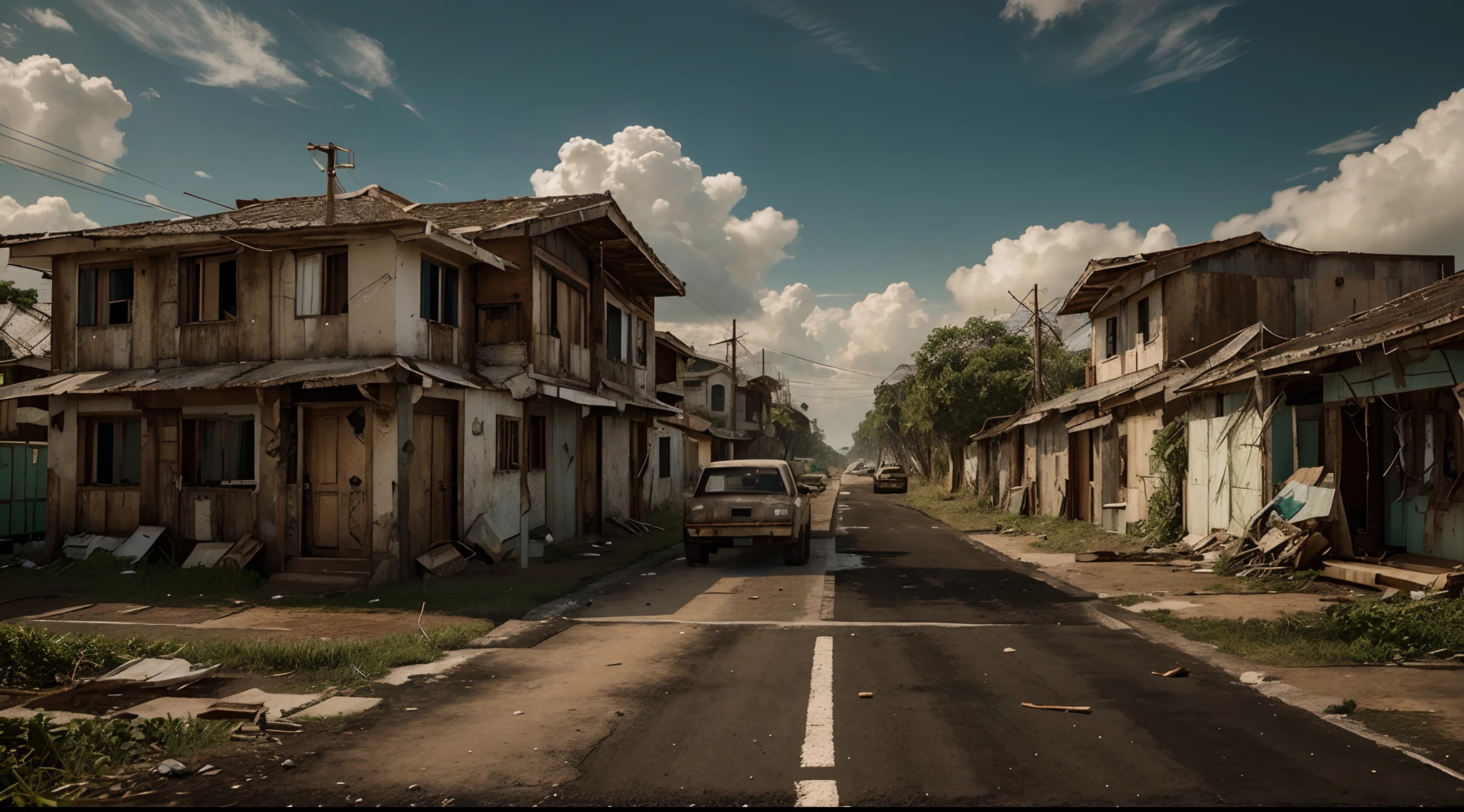 Crie uma cena de uma aldeia abandonada e isolada, recovered by nature in a post-apocalyptic setting. Renderize-o em ultrarrealista, high-definition, and high-detail photorealism for the highest quality visual experience.