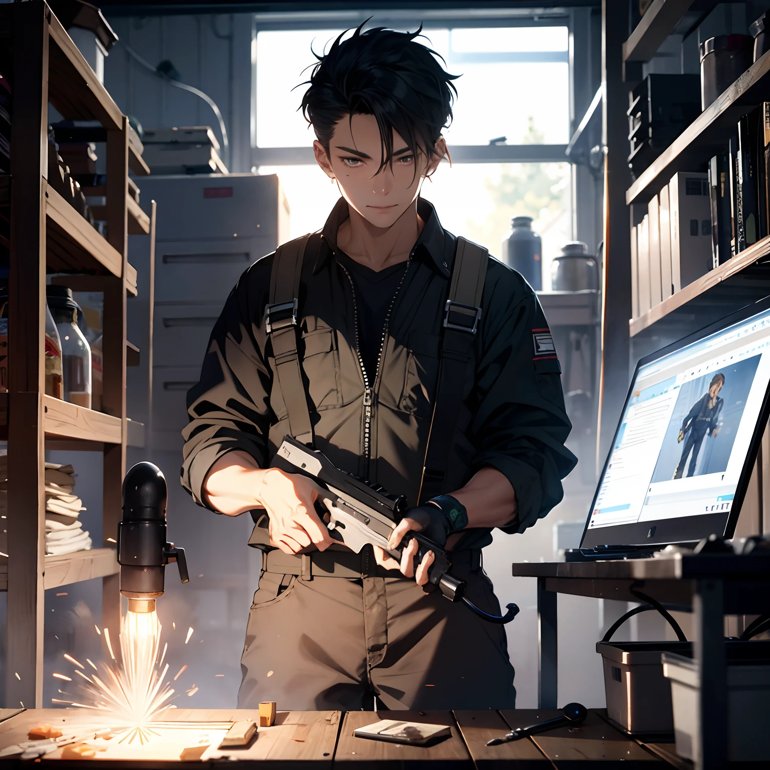 Absurd resolution, high resolution, (masterpiece: 1.4), hyper-detail, young man's messy short black hair, welder dressed up, factory high-tech workbench, tech-sense screen