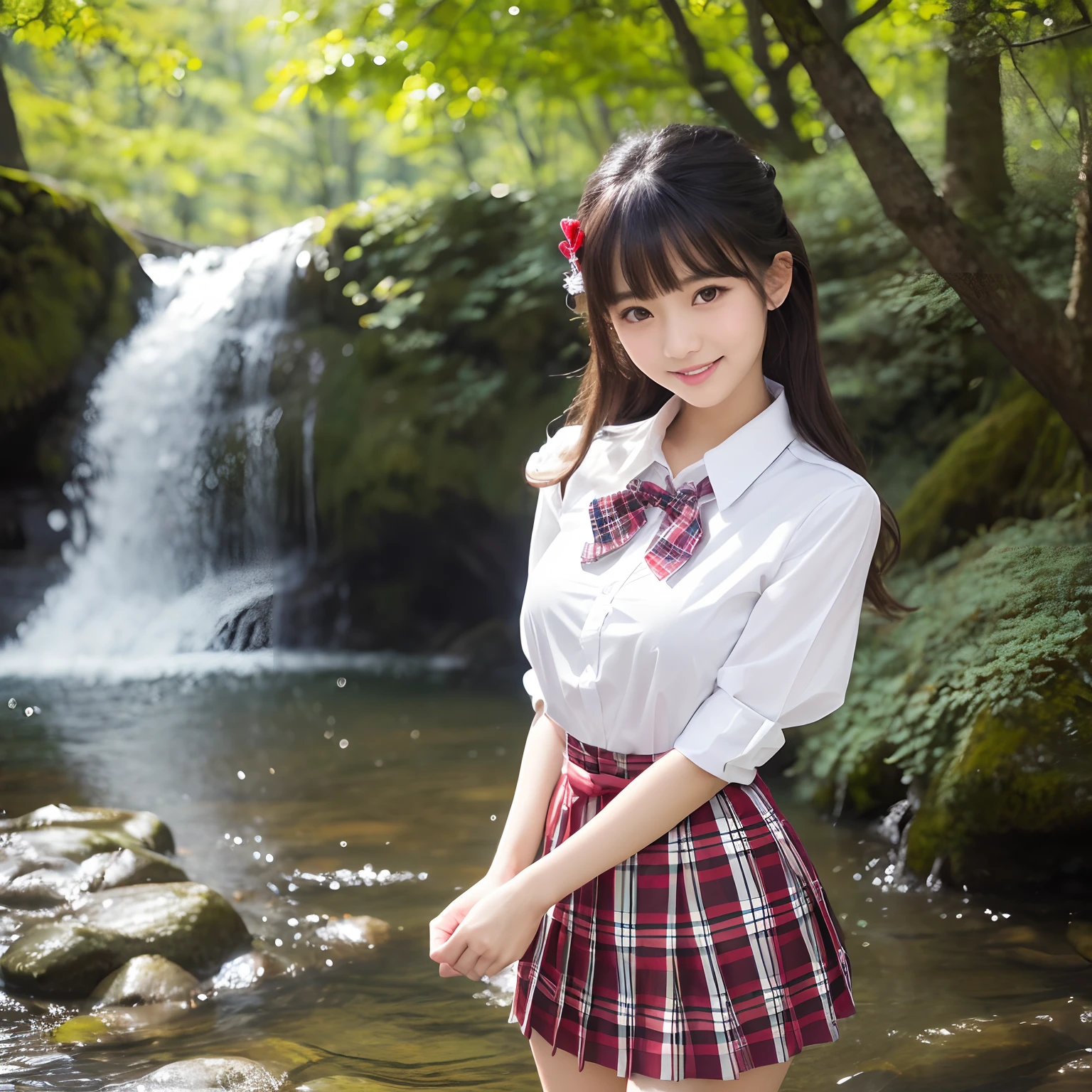 (1 schoolgirl,The cutest face,The biggest smile staring at the camera,Shot from up close,Shot from the waist up,A detailed face,japanese hight school uniform,Perfect face,Perfect makeup,A slender,Breasts are big,In a fantastic and beautiful forest)),((White shirt and ribbon,Plaid pleated skirt,japanese hight school uniform,The cutest uniforms,Sacred Forest Trees々Sunlight shining in from between,Perfect fingers,perfect arms,Graceful and beautiful,beautiful waterfall,large waterfall,Beautiful river,Mysterious fountain,Crystal clear spring water,Crystal clear water,beautiful water,夏天,Cool feeling,cold,falls, Springs and rivers)),((Forest of Illusions,细致背景,top-quality,The ultra -The high-definition,Perfect Anatomy,high-definition RAW color photography,professional photograpy, extremely delicate and beautiful, Extremely detailed,finely detail, Huge file size,Top image quality,8K,Photos taken with a single-lens reflex camera,Award-Winning Works,masutepiece))