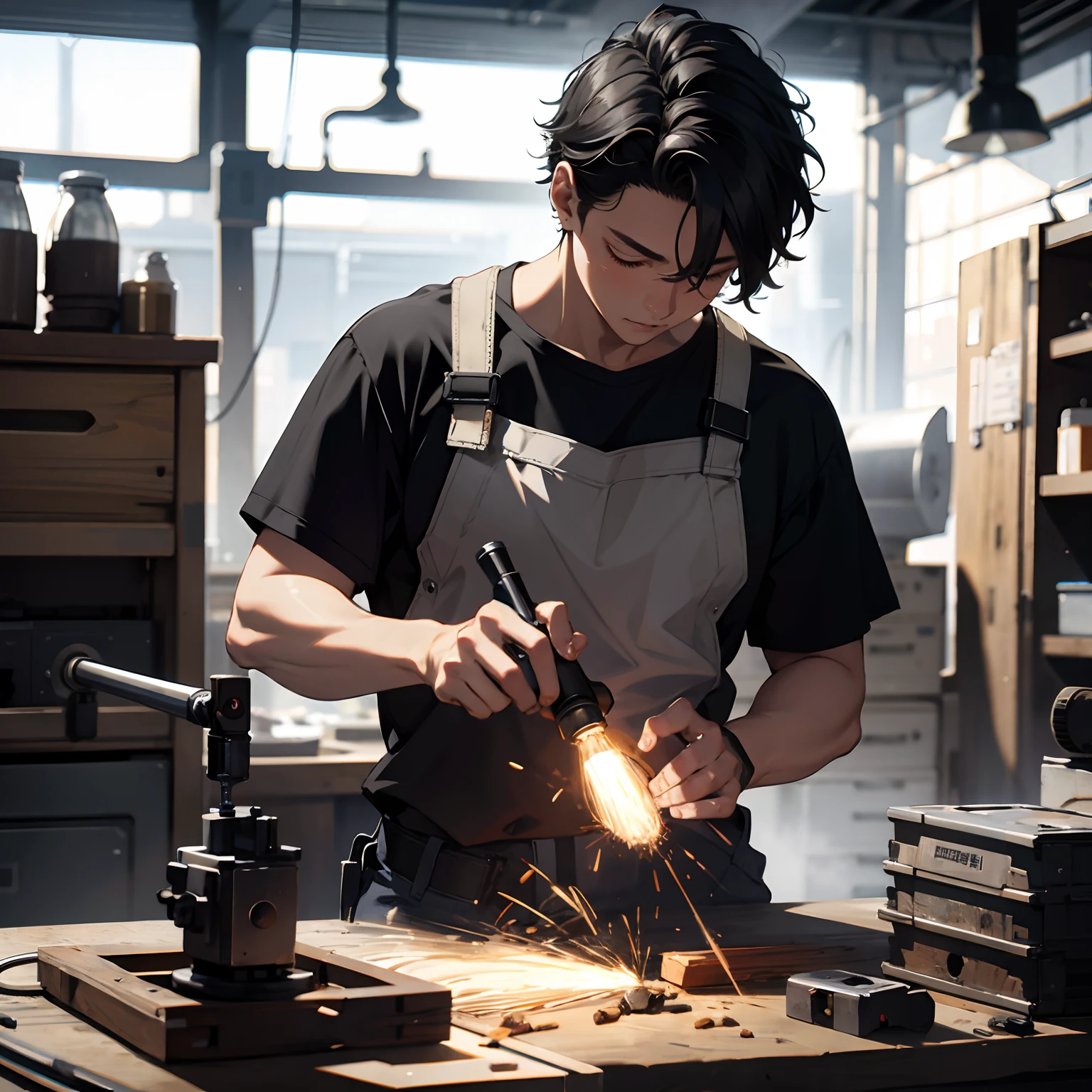 Absurd resolution, high resolution, (masterpiece: 1.4), hyper-detail, young man's messy short black hair, welder dressed up, factory high-tech workbench, tech-sense screen