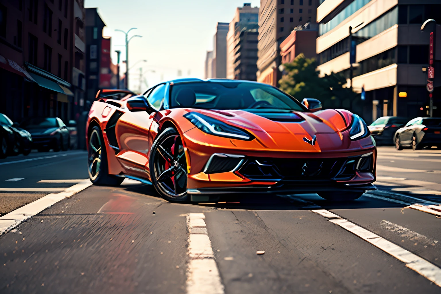 Masterpiece, best quality, 4k, automobile, red car, 2024 Chevrolet Corvette Stingray, New York City street backdrop, 3/4 view, cowboy shot, solo, single
