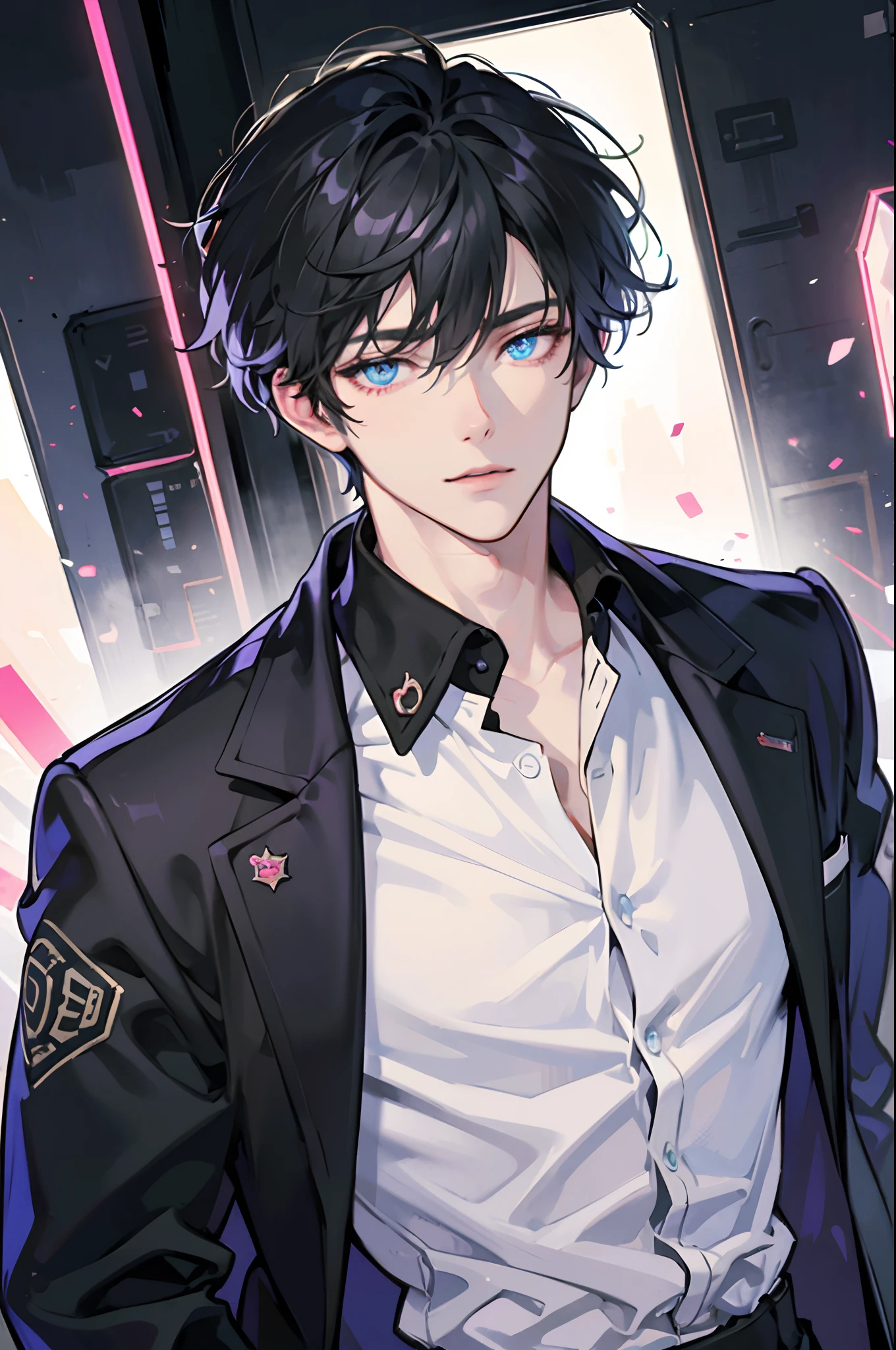 (absurdres, highres, ultra detailed, anime style), 1boy, adult, handsome, tall muscular guy, broad shoulders, finely detailed eyes, black hair, hair between eyes, crystal blue eyes, holographic, black coat, gun holster, chest strap, tight shirt, intense run, speed, neon-lit night city, neon sign, skyscraper, Cyan, Magenta, (dutch angle), long face, closed mouth