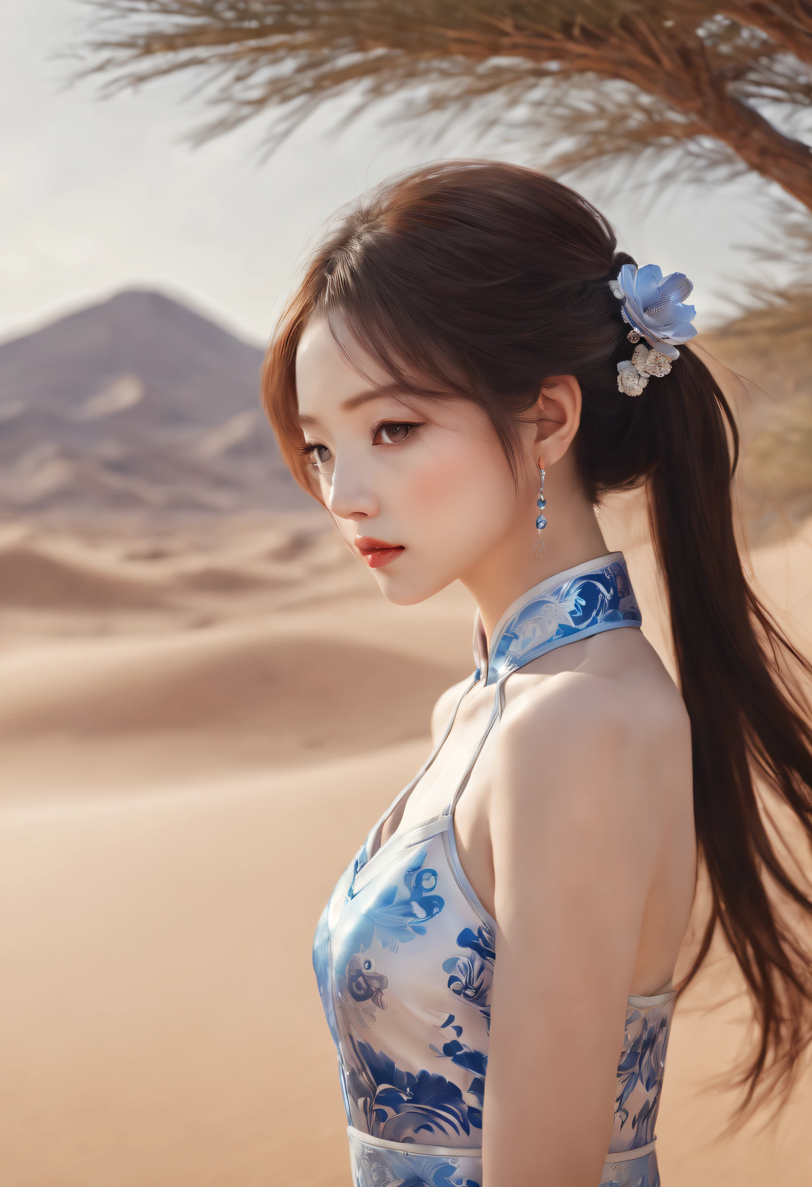 Silk Road Fashion Show，Cheongsam series，((The background is a scene at noon:1.3)),((with blue sky and white clouds:1.3)),((Face lighting:1.3)),((Top quality, 8K, Masterpiece: 1.3)), Solo, 1 girl, Sexy, Beautiful girl with accentuated slender abs: 1.4,hyperdetailed face, Detailed eyes, Double eyelids, self-shot, (body builder:0.8),,White cheongsam, gorgeous chinese models, Cheongsam, China Cheongsam, Chinese traditional, Chinese cheongsam costume,Without chest pads:1.2,Shiny cheongsam:1.5,(Shiny skin:1.2),(muscle arm:1.3),(muscle leg:1.3), (two tone color hair:1.5,Blonde hair:1.1,Pink hair:1.2),((Masterpiece)), ((High detail)), photography of，real photograph，1 Cheongsam Girl, wearing  cheongsam，silky cheongsam，silky cheongsam，((Ultra-detailed)),((Delicate face)), Beautiful detailed eyes, (high light,Gradient hair),Long hair, Floating hair, ,hairs between eyes, GSHead,1girll ,Solo,The eye,Genshin_impact,Look at the viewer, ((Distant view)), Strong light and shadow, Cinema lenses，tmasterpiece，Super quality， A desert，on cheongsam，Silk cheongsam，18yr old，Big eyes，entire character，cropped shoulders，show legs，Long legs，full bodyesbian，8K，Ultra-clear resolution，Ultra-fine painting，Flat desert，Distant horizon，Vast desert，Sand，Dressed in a flowing manner、Silky traditional oriental cheongsam，Decorated with intricate patterns and bright colors，Highlights her seductive silhouette，((The background is a large flat desert:1.5)),tmasterpiece，Ultra-realistic detailed painting，Epic fantasy digital art style，8K,wide wide shot，Diagonal composition，art of photography，（Extremely refined and beautiful），（tmasterpiece），（best qualtiy：1.0），（超A high resolution：1.0），beautiful light up，perfect lightning bolt，realistic shaded，[A high resolution]，Delicate skin，ultra - detailed，Slim figure，Long legs，Beautiful Meticulous Girl, absurderes, unbelievable Ridiculous, hugefilesize, ultra - detailed, A high resolution, The is very detailed，best qualtiy，tmasterpiece，Need,((tmasterpiece)), (A detailed),Super delicate，Epic fantasy digital art style，The girl has long flowing hair，Flat desert，Gobi，Vast desert，Desolate and lonely，Distant horizon，((entire character)),hurricane，It was very windy，Big wind，It was very windy，Photos taken with a professional photography camera，Incredibly realistic textures,(1 girl away from the camera:1.2),