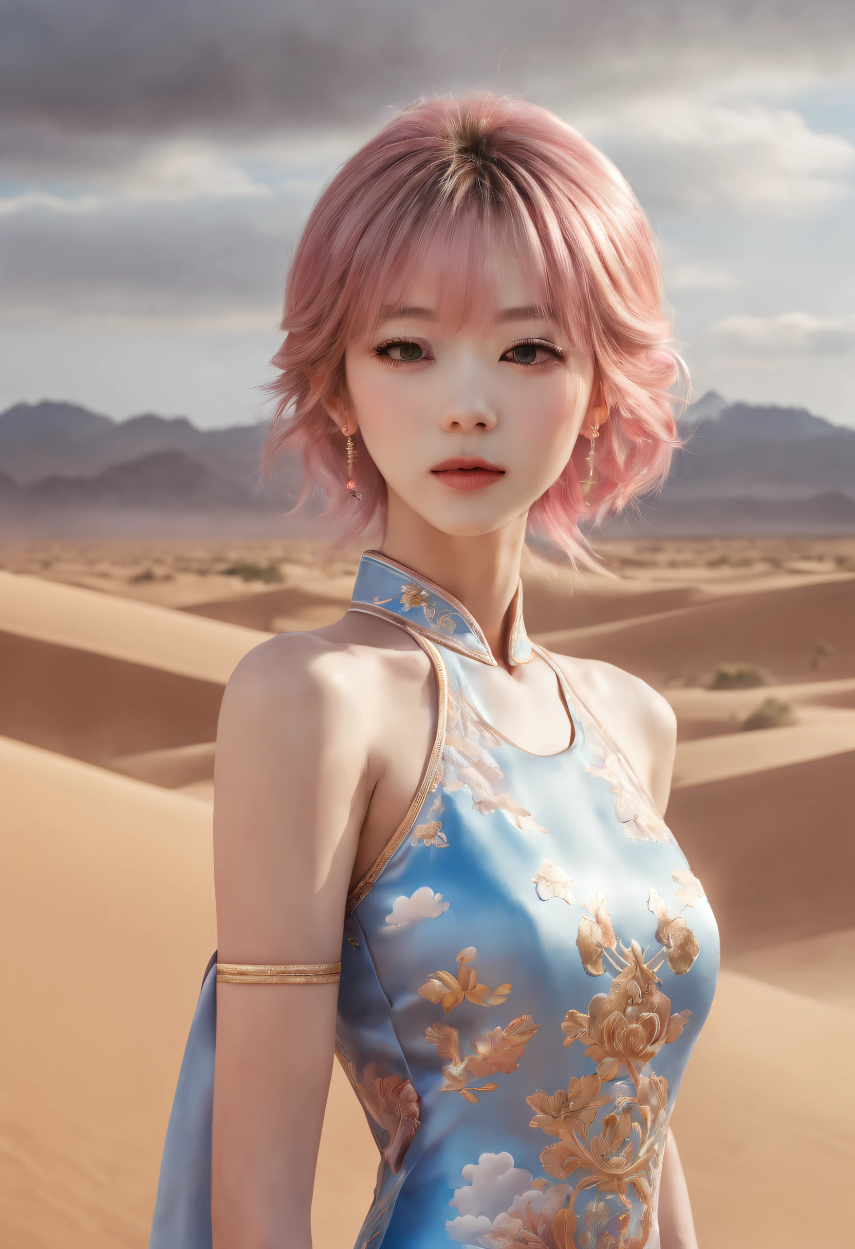 Silk Road Fashion Show，Cheongsam series，((The background is a scene at noon:1.3)),((with blue sky and white clouds:1.3)),((Face lighting:1.3)),((Top quality, 8K, Masterpiece: 1.3)), Solo, 1 girl, Sexy, Beautiful girl with accentuated slender abs: 1.4,hyperdetailed face, Detailed eyes, Double eyelids, self-shot, (body builder:0.8),,White cheongsam, gorgeous chinese models, Cheongsam, China Cheongsam, Chinese traditional, Chinese cheongsam costume,Without chest pads:1.2,Shiny cheongsam:1.5,(Shiny skin:1.2),(muscle arm:1.3),(muscle leg:1.3), (two tone color hair:1.5,Blonde hair:1.1,Pink hair:1.2),((Masterpiece)), ((High detail)), photography of，real photograph，1 Cheongsam Girl, wearing  cheongsam，silky cheongsam，silky cheongsam，((Ultra-detailed)),((Delicate face)), Beautiful detailed eyes, (high light,Gradient hair),Long hair, Floating hair, ,hairs between eyes, GSHead,1girll ,Solo,The eye,Genshin_impact,Look at the viewer, ((Distant view)), Strong light and shadow, Cinema lenses，tmasterpiece，Super quality， A desert，on cheongsam，Silk cheongsam，18yr old，Big eyes，entire character，cropped shoulders，show legs，Long legs，full bodyesbian，8K，Ultra-clear resolution，Ultra-fine painting，Flat desert，Distant horizon，Vast desert，Sand，Dressed in a flowing manner、Silky traditional oriental cheongsam，Decorated with intricate patterns and bright colors，Highlights her seductive silhouette，((The background is a large flat desert:1.5)),tmasterpiece，Ultra-realistic detailed painting，Epic fantasy digital art style，8K,wide wide shot，Diagonal composition，art of photography，（Extremely refined and beautiful），（tmasterpiece），（best qualtiy：1.0），（超A high resolution：1.0），beautiful light up，perfect lightning bolt，realistic shaded，[A high resolution]，Delicate skin，ultra - detailed，Slim figure，Long legs，Beautiful Meticulous Girl, absurderes, unbelievable Ridiculous, hugefilesize, ultra - detailed, A high resolution, The is very detailed，best qualtiy，tmasterpiece，Need,((tmasterpiece)), (A detailed),Super delicate，Epic fantasy digital art style，The girl has long flowing hair，Flat desert，Gobi，Vast desert，Desolate and lonely，Distant horizon，((entire character)),hurricane，It was very windy，Big wind，It was very windy，Photos taken with a professional photography camera，Incredibly realistic textures,(1 girl away from the camera:1.2),