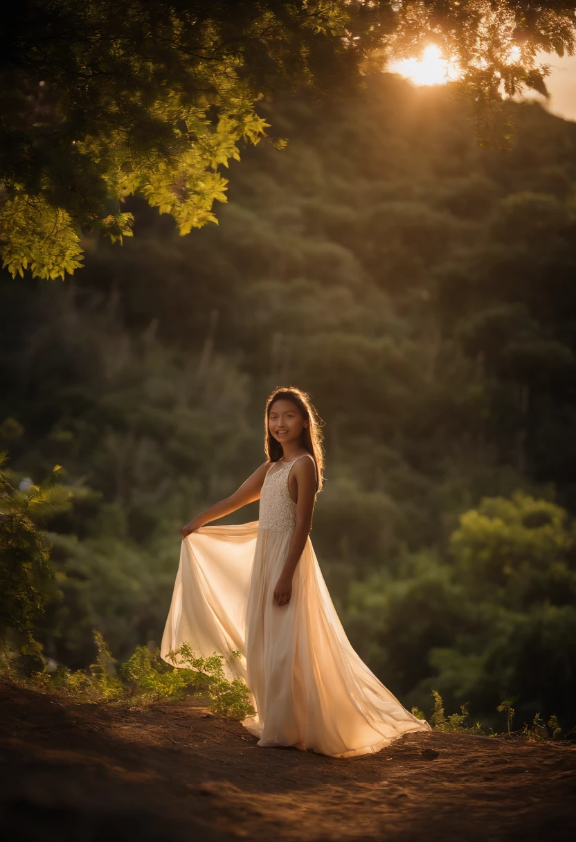 (master part:1.2),(uma garotinha fofa,:1.2),cabelos loiros, nariz de ponto,(A Pure Chinese Chiffon Dress:1.2),(perfect lighting:1.2),夏天,sorrir,arms behind back,Onze,(Dynamic angle:1.2),vegetation,sunlight,fotografia,Realistic,olhos fechados