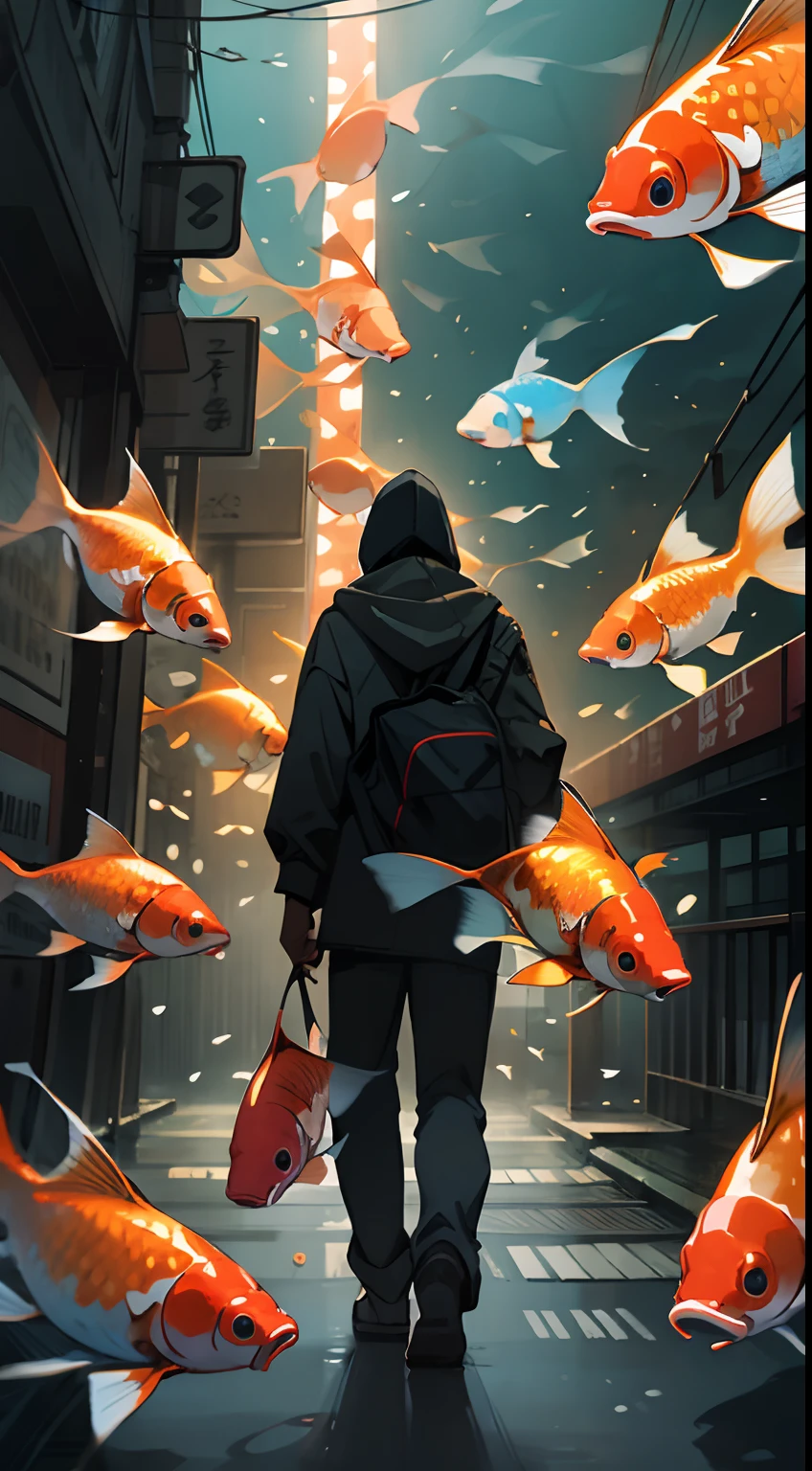 (masterpiece), best quality, a hooded man in a city at night, misteryous,tokyo at night, looking to the side, neon bilboards, tall buildinds, 1man, backview, fish, gold-fish, reef-fish, koi-fish, cinematic, surrounded by fishs, surrealism,crazy, professional image, intricate, detailed, epic,night, cinematic digital artwork, gorgeous, a lot of fishs, the image transmit a misteryous feeling, the impossible made possible, a surreal night, dream like image, perfect lighting, cinematic shadow, (perfect scenery), a intricate visual masterpiece