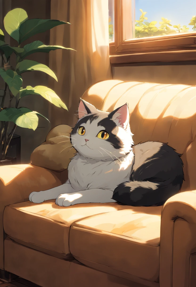 Un lindo gato Blanco con negro de ojos saltones, en un sofa , Luz solar fuera de la ventana.