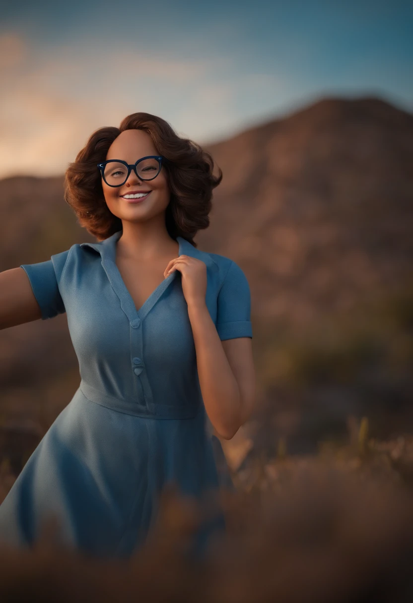 Garota, estilo disney, with skin-tone glasses: claro: Cabelo: marrom escuro, ondulado, camisa: esporte, Cor azul. Fundo: Gray and white gradient,Comemorando, Hands raised, sorrindo, feliz, (estilo pixar) (obra-prima:1.2) (bokeh) (melhor qualidade) (pele detalhada) (textura detalhada) (8k) (claymation) (cinematic lighthing) (foco nítido