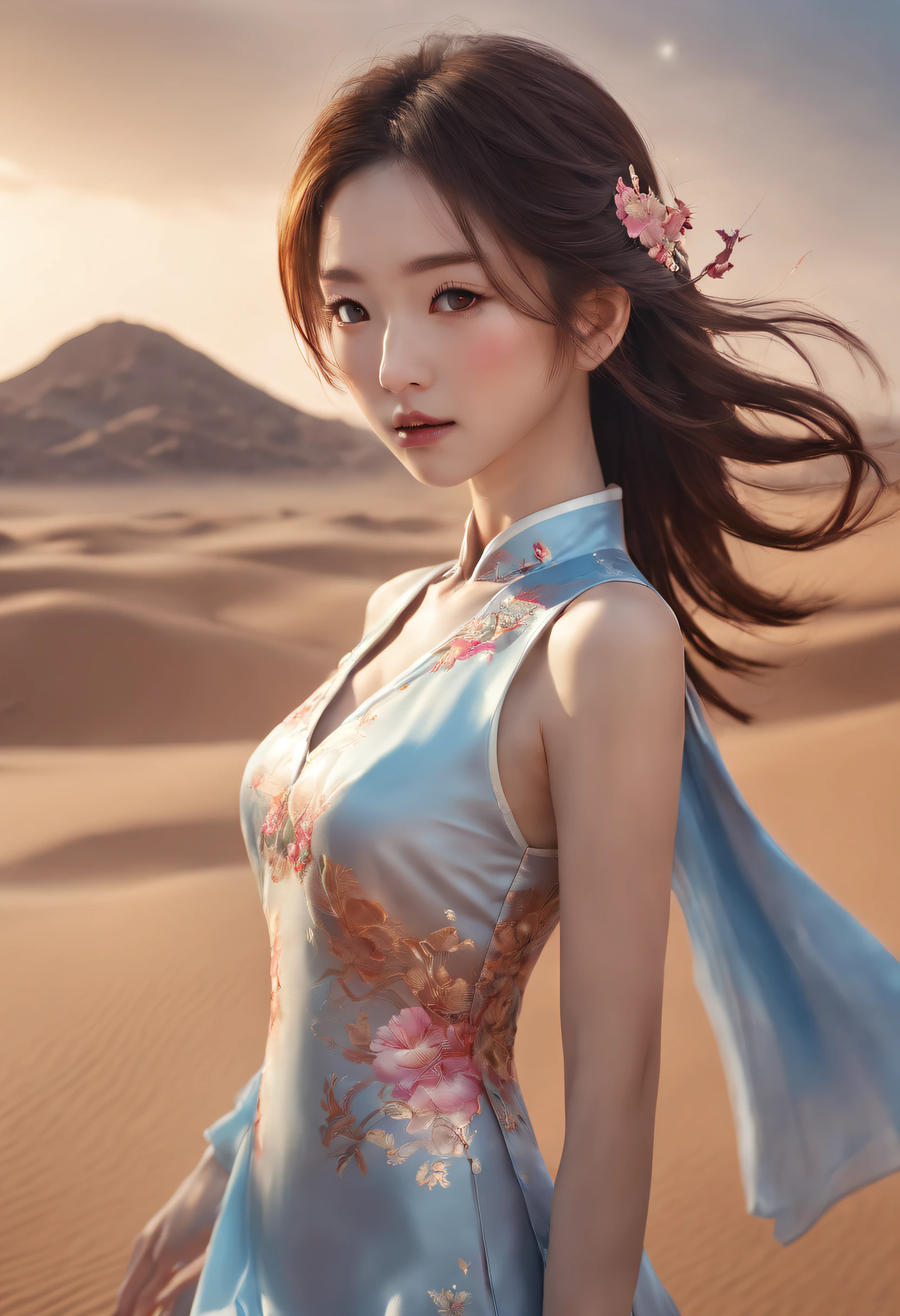 Silk Road Fashion Show，Desert background，Cheongsam series，((The background is a scene at noon:1.3)),((with blue sky and white clouds:1.3)),((Face lighting:1.3)),((Top quality, 8K, Masterpiece: 1.3)), Solo, 1 girl, Sexy, Beautiful girl with accentuated slender abs: 1.4,hyperdetailed face, Detailed eyes, Double eyelids, self-shot, (body builder:0.8),,White cheongsam, gorgeous chinese models, Cheongsam, China Cheongsam, Chinese traditional, Chinese cheongsam costume,Without chest pads:1.2,Shiny cheongsam:1.5,(Shiny skin:1.2),(muscle arm:1.3),(muscle leg:1.3), (two tone color hair:1.5,Blonde hair:1.1,Pink hair:1.2),((Masterpiece)), ((High detail)), photography of，real photograph，1 Cheongsam Girl, wearing  cheongsam，silky cheongsam，silky cheongsam，((Ultra-detailed)),((Delicate face)), Beautiful detailed eyes, (high light,Gradient hair),Long hair, Floating hair, ,hairs between eyes, GSHead,1girll ,Solo,The eye,Genshin_impact,Look at the viewer, ((Distant view)), Strong light and shadow, Cinema lenses，tmasterpiece，Super quality， A desert，on cheongsam，Silk cheongsam，18yr old，Big eyes，entire character，cropped shoulders，show legs，Long legs，full bodyesbian，8K，Ultra-clear resolution，Ultra-fine painting，Flat desert，Distant horizon，Vast desert，Sand，Dressed in a flowing manner、Silky traditional oriental cheongsam，Decorated with intricate patterns and bright colors，Highlights her seductive silhouette，((The background is a large flat desert:1.5)),tmasterpiece，Ultra-realistic detailed painting，Epic fantasy digital art style，8K,wide wide shot，Diagonal composition，art of photography，（Extremely refined and beautiful），（tmasterpiece），（best qualtiy：1.0），（超A high resolution：1.0），beautiful light up，perfect lightning bolt，realistic shaded，[A high resolution]，Delicate skin，ultra - detailed，Slim figure，Long legs，Beautiful Meticulous Girl, absurderes, unbelievable Ridiculous, hugefilesize, ultra - detailed, A high resolution, The is very detailed，best qualtiy，tmasterpiece，Need,((tmasterpiece)), (A detailed),Super delicate，Epic fantasy digital art style，The girl has long flowing hair，Flat desert，Gobi，Vast desert，Desolate and lonely，Distant horizon，((entire character)),hurricane，It was very windy，Big wind，It was very windy，Photos taken with a professional photography camera，Incredibly realistic textures,(1 girl away from the camera:1.2),