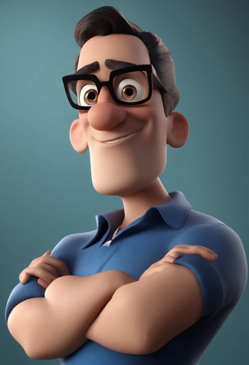 Cartoon character of a man with black glasses and a blue shirt, animation character, Caractere estilizado, animation style rendering, 3D estilizado, Arnold Maya render, 3 d render stylized, toon render keyshot, Personagem 3D, Personagem 3D, 3d rendering stylized, 3 d character render, personagem de desenho animado, Personagem de close up, Pose de personagem,  (Estilo Pixar) (master part:1.2) (Bokeh) (best quality) (pele detalhada) (textura detalhada) (8k) (argila) (Cinematic lighting) (foco nítido