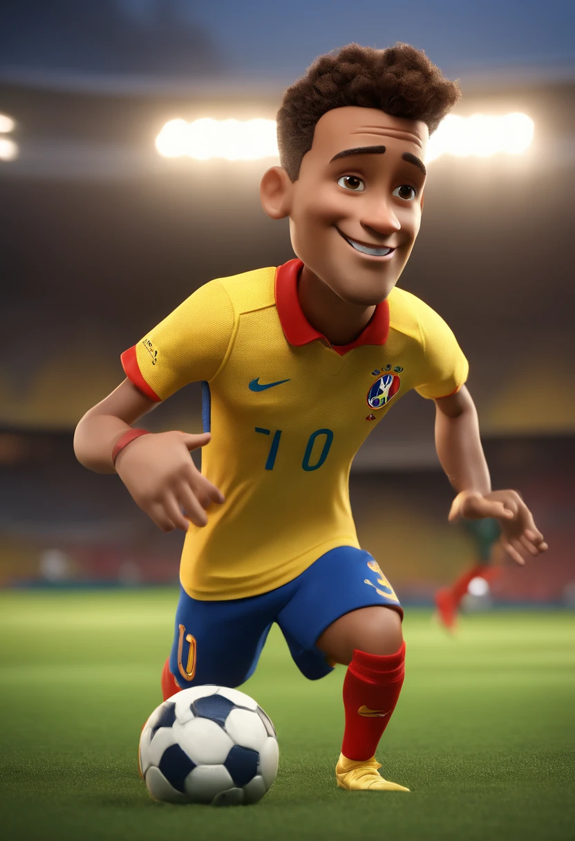 jogador neymar jogando futebol, animation character, Caractere estilizado, animation style rendering, 3D estilizado, Arnold Maya render, 3 d render stylized, toon render keyshot, Personagem 3D, Personagem 3D, 3d rendering stylized, 3 d character render, personagem de desenho animado, Personagem de close up, Pose de personagem,  (Estilo Pixar) (master part:1.2) (Bokeh) (best quality) (pele detalhada) (textura detalhada) (8k) (argila) (Cinematic lighting) (foco nítido