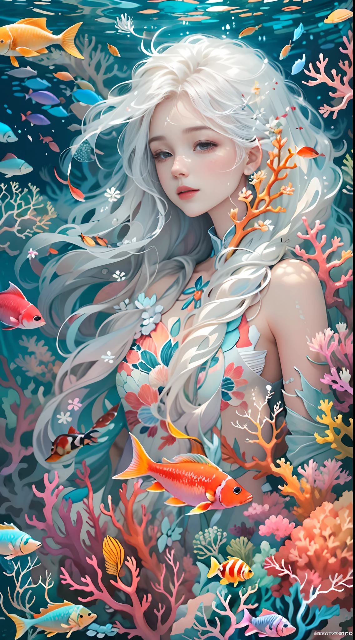 Conceptual art of marine life, Undersea landscape, Marine life，Beautiful coral reefs come in different shapes, Fish, full body naked Female animated fantasy illustration. Long white hair fully naked female in the sea, Drift, Very harmonious. The whole painting adopts a messy and imaginative painting style. The colors are bright and saturated, And with smooth lines. The mystery and beauty of the ocean, The painting depicts an underwater world full of life and vitality, Animated art wallpaper 8 K