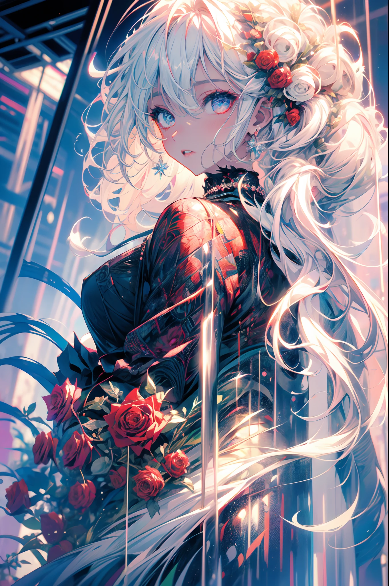 masterpiece, highest quality, (solo focus), (perfect face:1.1), (high detail:1.1),dramatic, (an alluring albino angel guy with long flowing pure white hair and piercing white eyes),1guy, (pale skin), long hair, white eyes, solo, long hair, moon, night, white luxury suit, covered navel, pouty lips, covered, futuristic city, detailed background, art by artgerm cinematic lighting, roses and vines, fashion, BalenciagaStyle