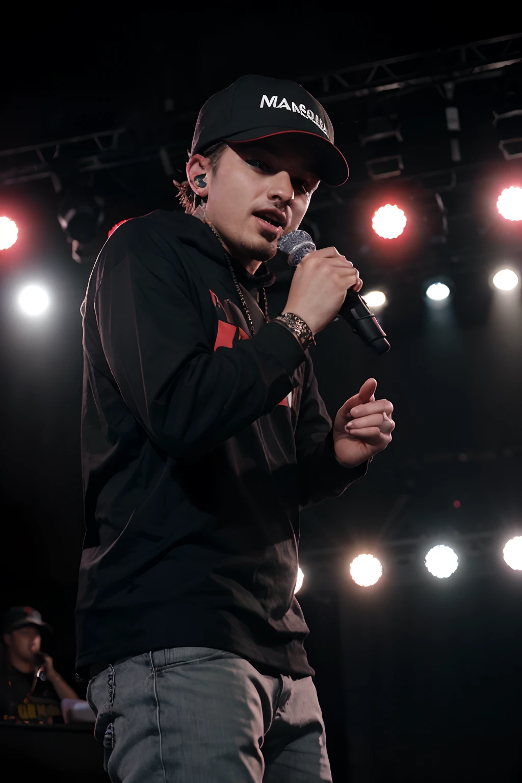 Man in black shirt and red hat on stage with microphone, performing on stage, Rapeando en el escenario del festival, en el escenario, Concert photography, Realizar, con neblina roja, El humo rojo sigue su movimiento, imagen de muy muy muy baja calidad, en el escenario, Yung Lean, Foto del concierto, en un escenario, rapping into microphone, Rapear, concert footage