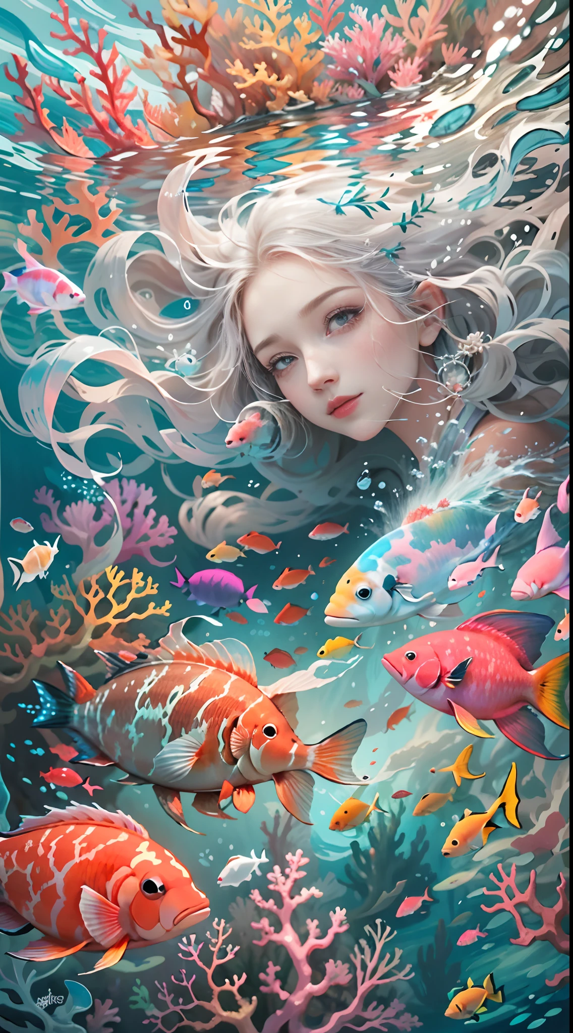 Undersea juvenile silver-haired shell house,Girl with short white hair,Colorful bubbles,a plant,Glowing small fish,Sparkling,ocean floor,( reasonable design, Clear lines, High sharpness,Best quality, Very detailed, Masterpiece, movie light effect, 4K )