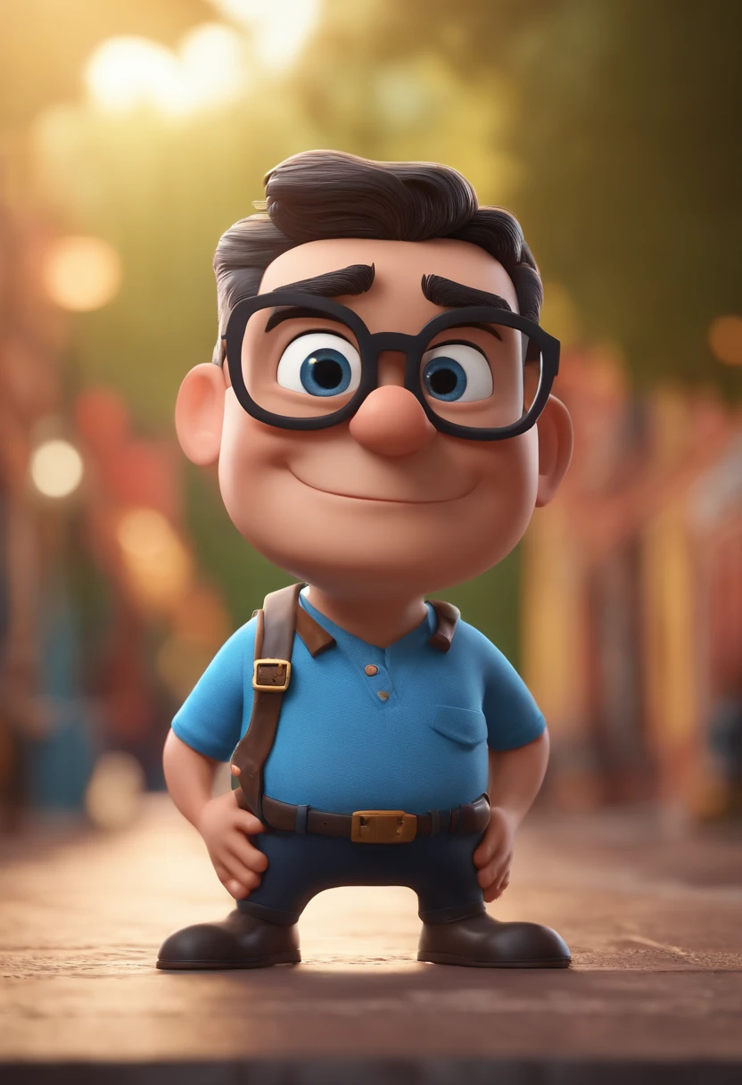 Cartoon character of a man with black glasses and a blue shirt, animation character, Caractere estilizado, animation style rendering, 3D estilizado, Arnold Maya render, 3 d render stylized, toon render keyshot, Personagem 3D, Personagem 3D, 3d rendering stylized, 3 d character render, personagem de desenho animado, Personagem de close up, Pose de personagem,  (Estilo Pixar) (master part:1.2) (Bokeh) (best quality) (pele detalhada) (textura detalhada) (8k) (argila) (Cinematic lighting) (foco nítido