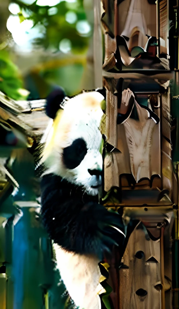 A panda peeking out from the side of the door of a house