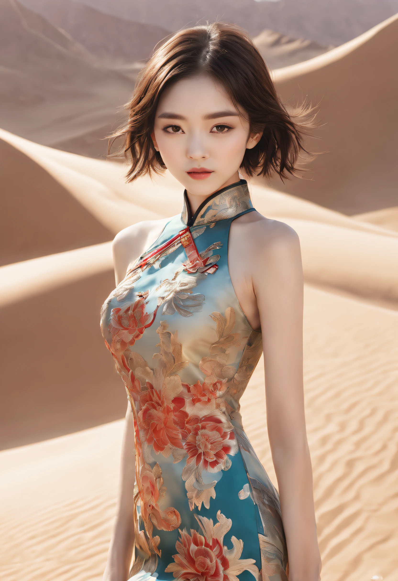 Silk Road Fashion Show,Desert background,the setting sun,Cheongsam series
